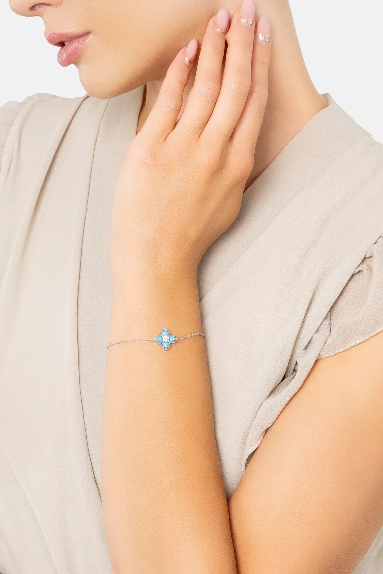 The bracelet worn by a model.