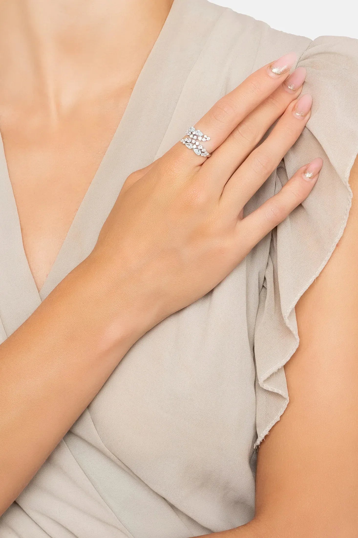 The ring worn by a model.