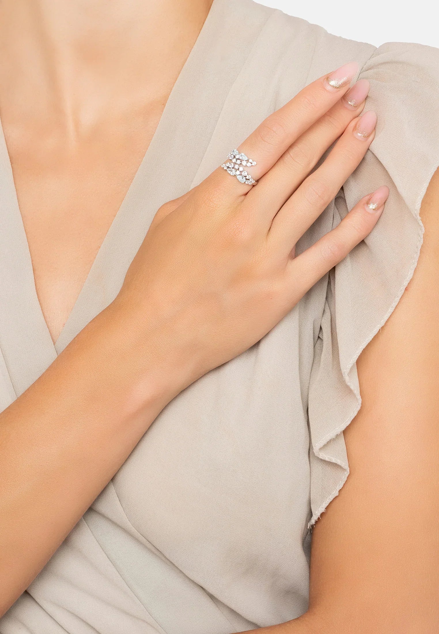 The ring worn by a model.