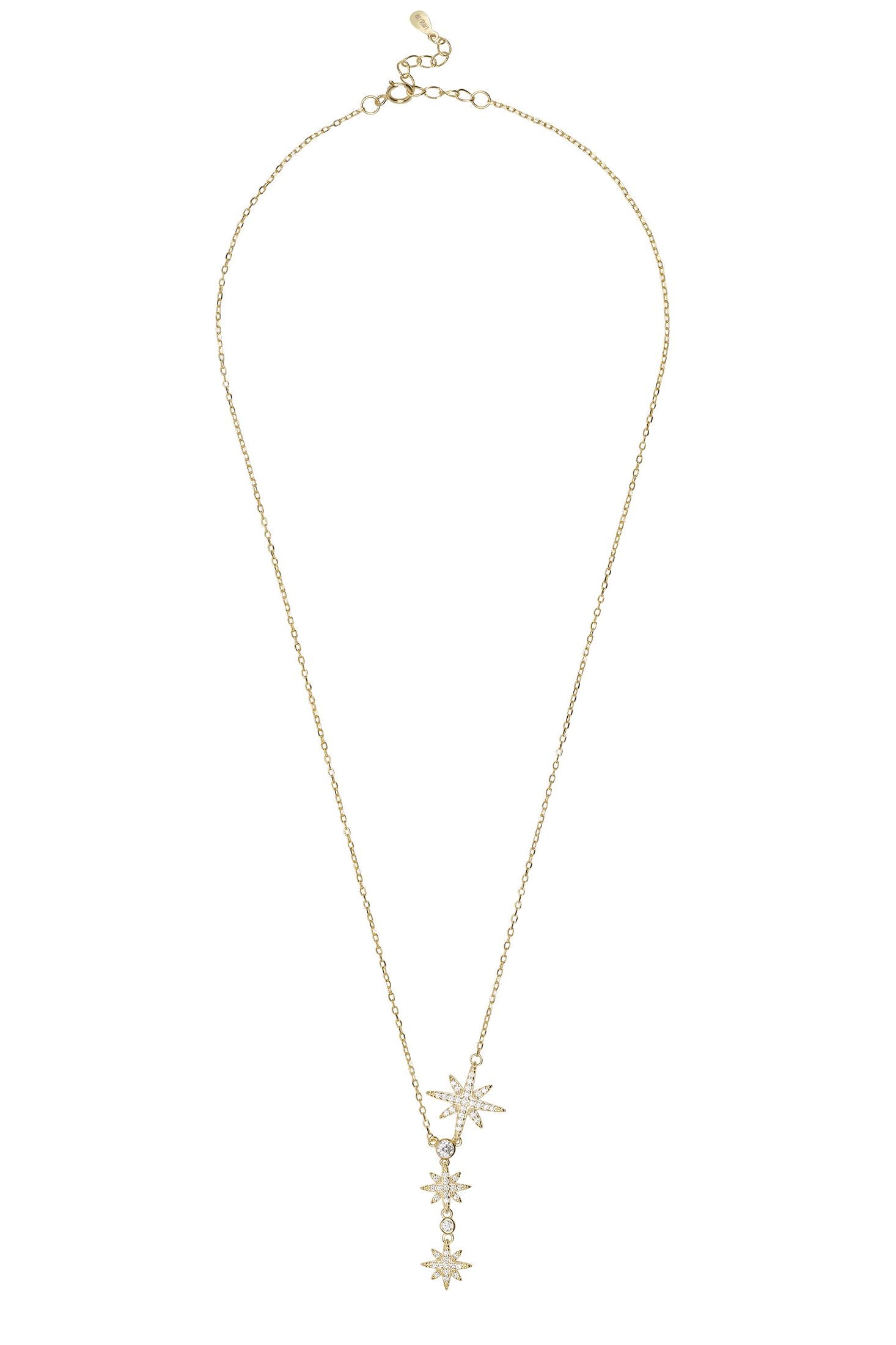 Gold necklace with star-shaped pendants on a white background