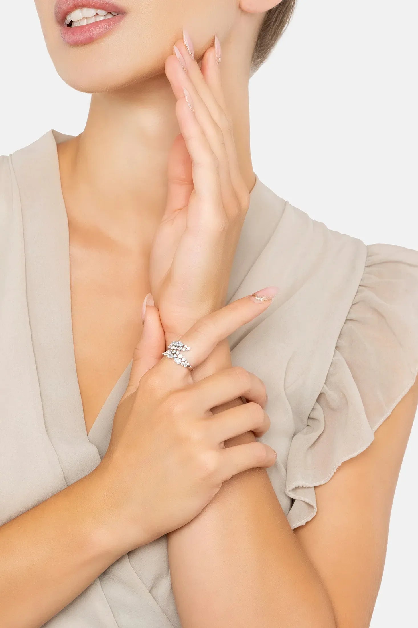 The ring worn by a model.