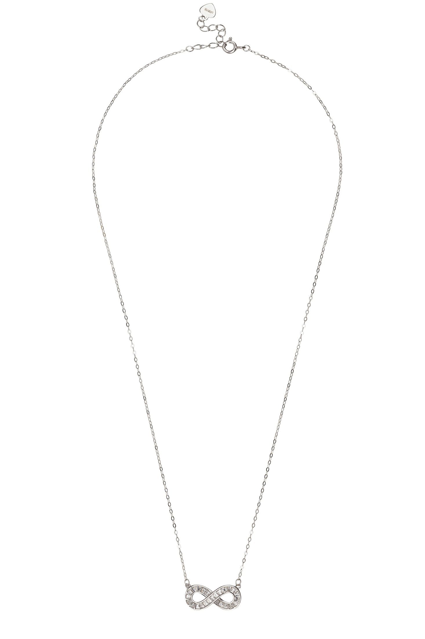 Silver infinity necklace on a white background