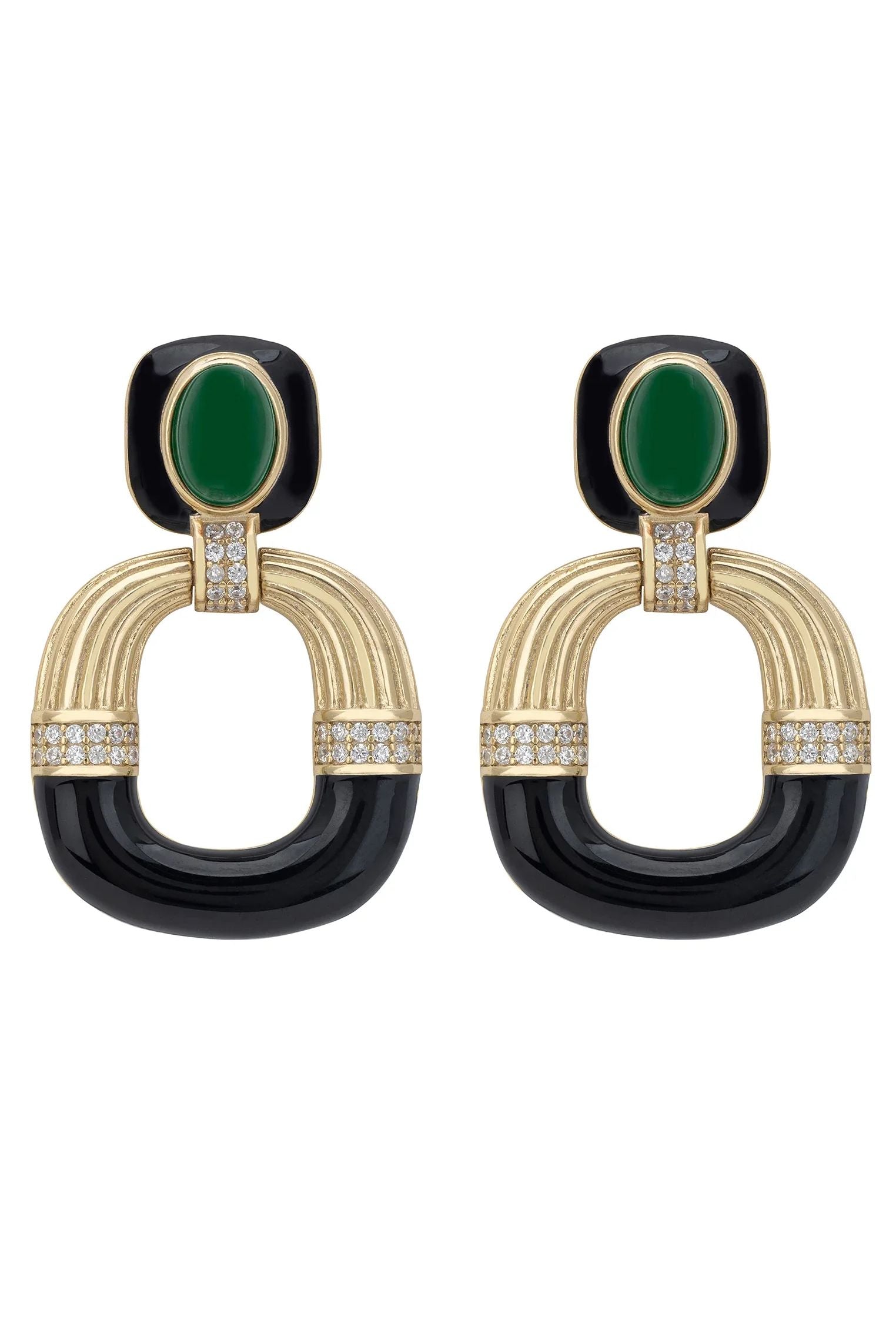 Green, black and gold art deco earrings.