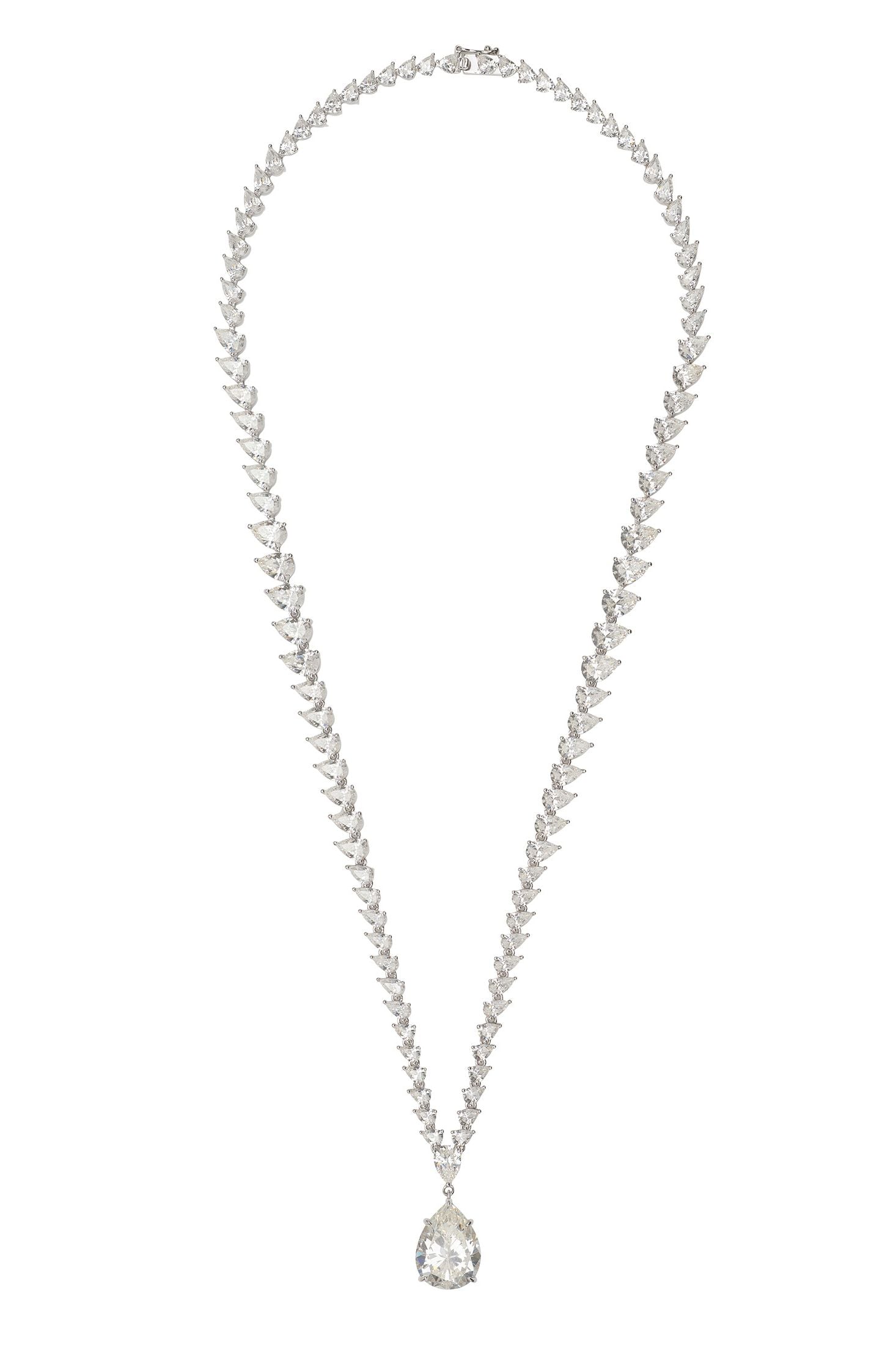 Silver pendant necklace with a teardrop-shaped clear gemstone  pendant on a white background