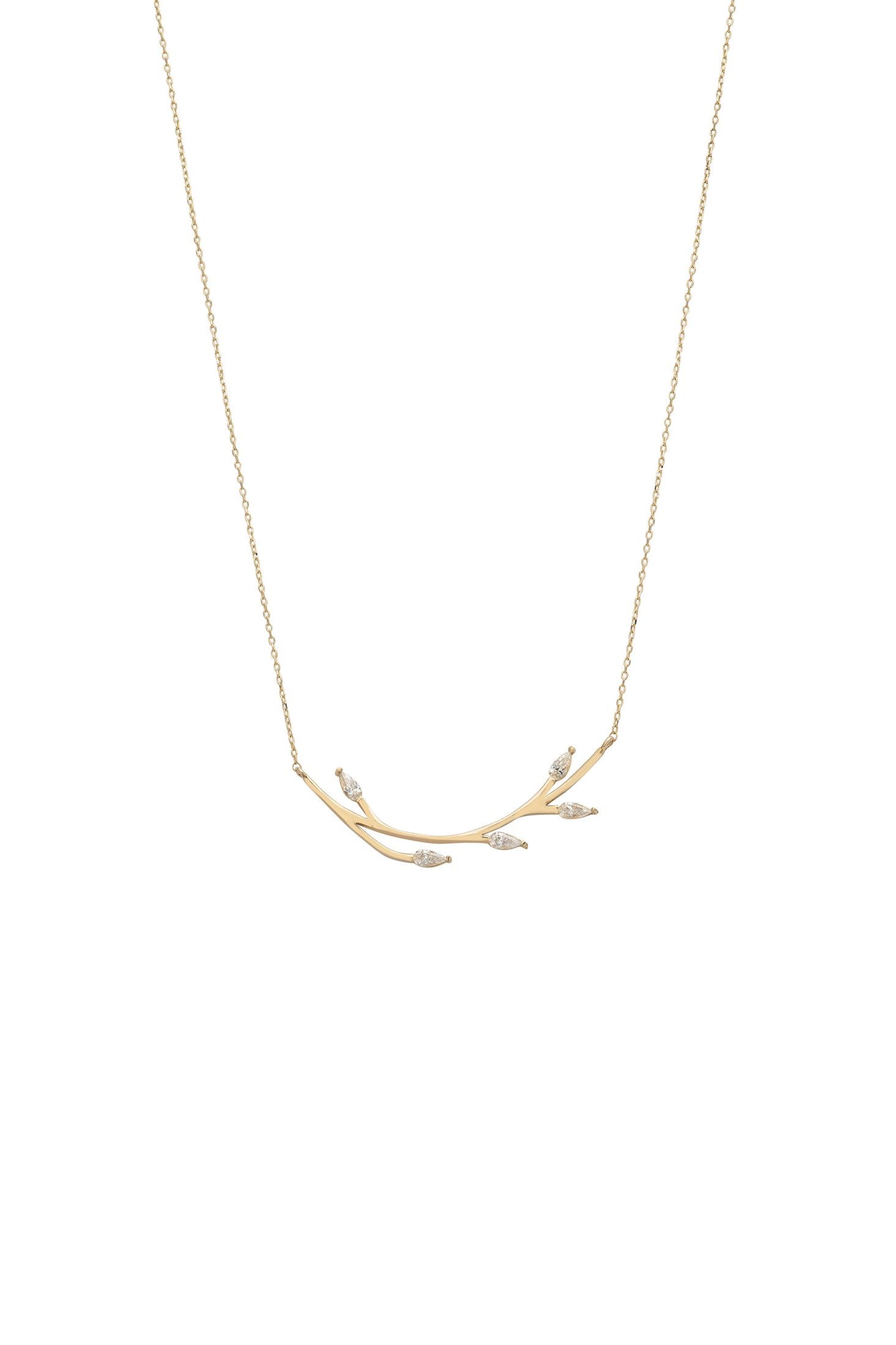 Delicate necklace with leaf-like pendants on a white background