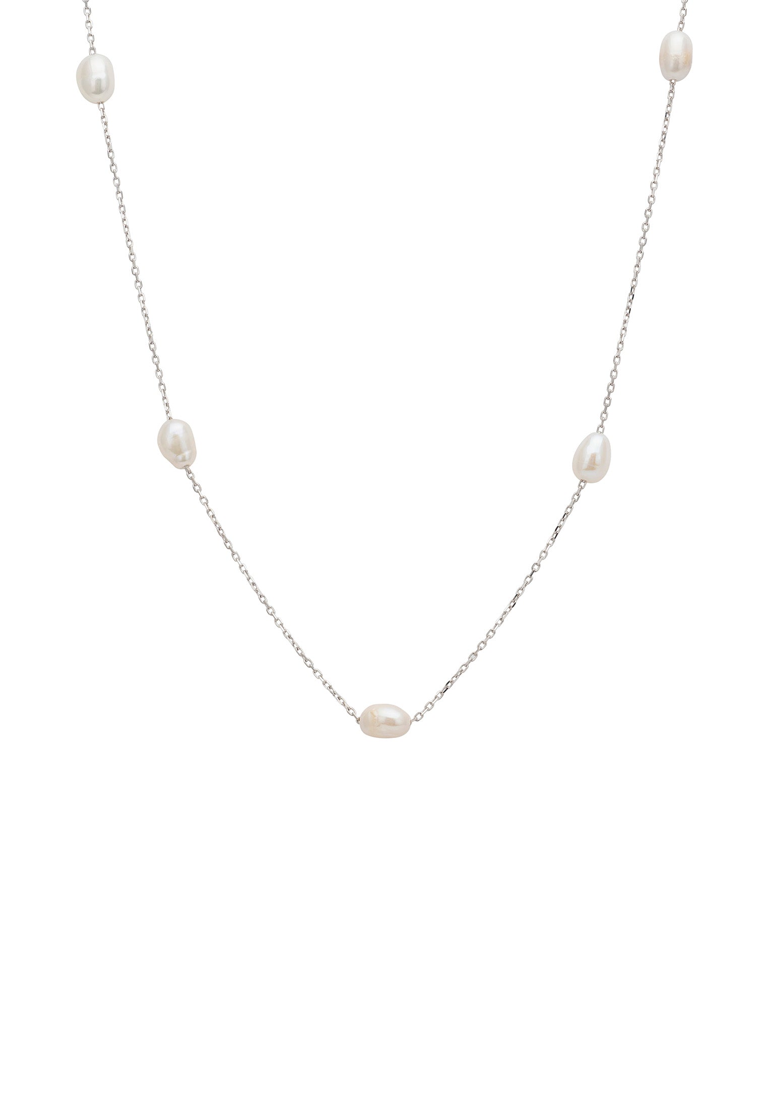Solid 14k White Gold Natural Spaced Pearl Necklace