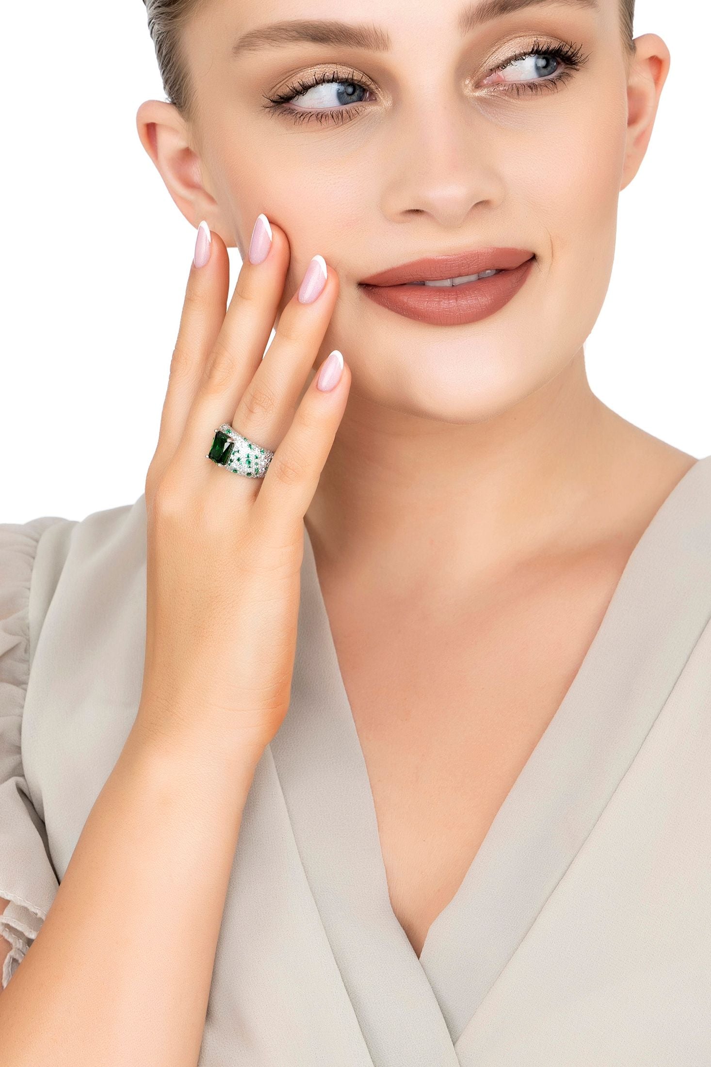The ring worn by a model.