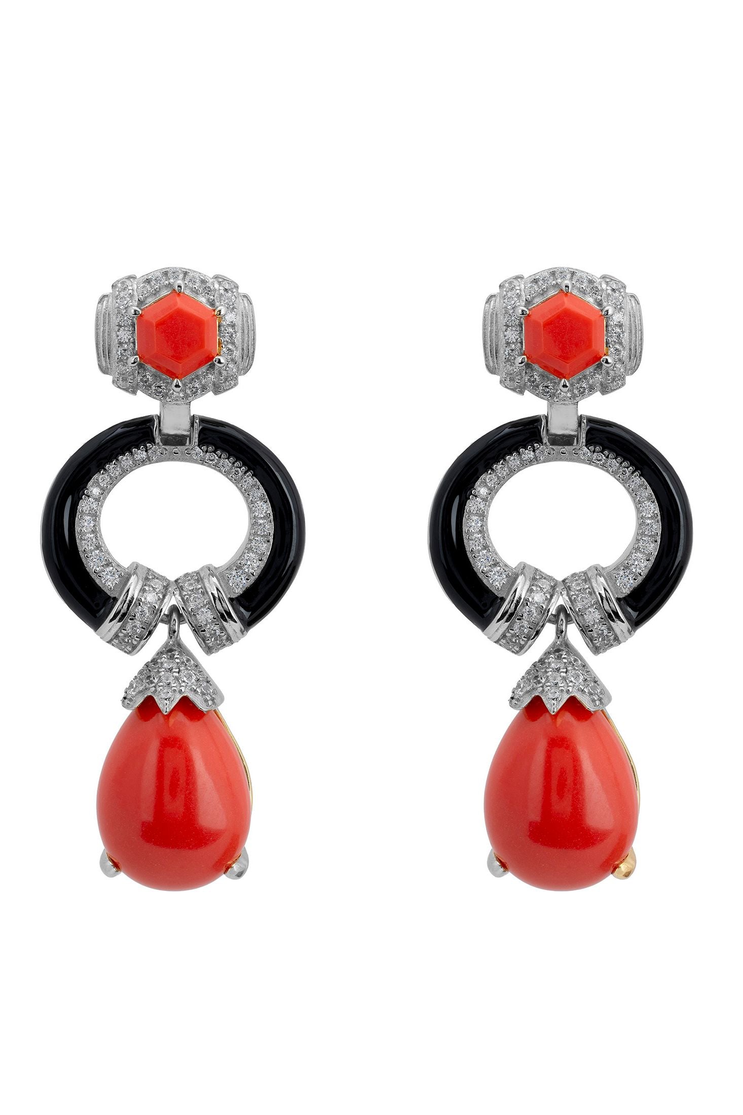 Red, black and silver art deco drop earrings with cubic zirconia.