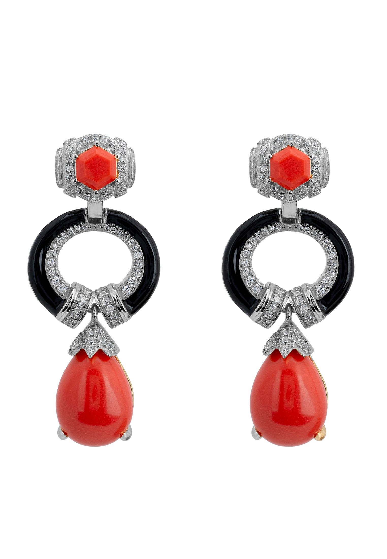 Red, black and silver art deco drop earrings.