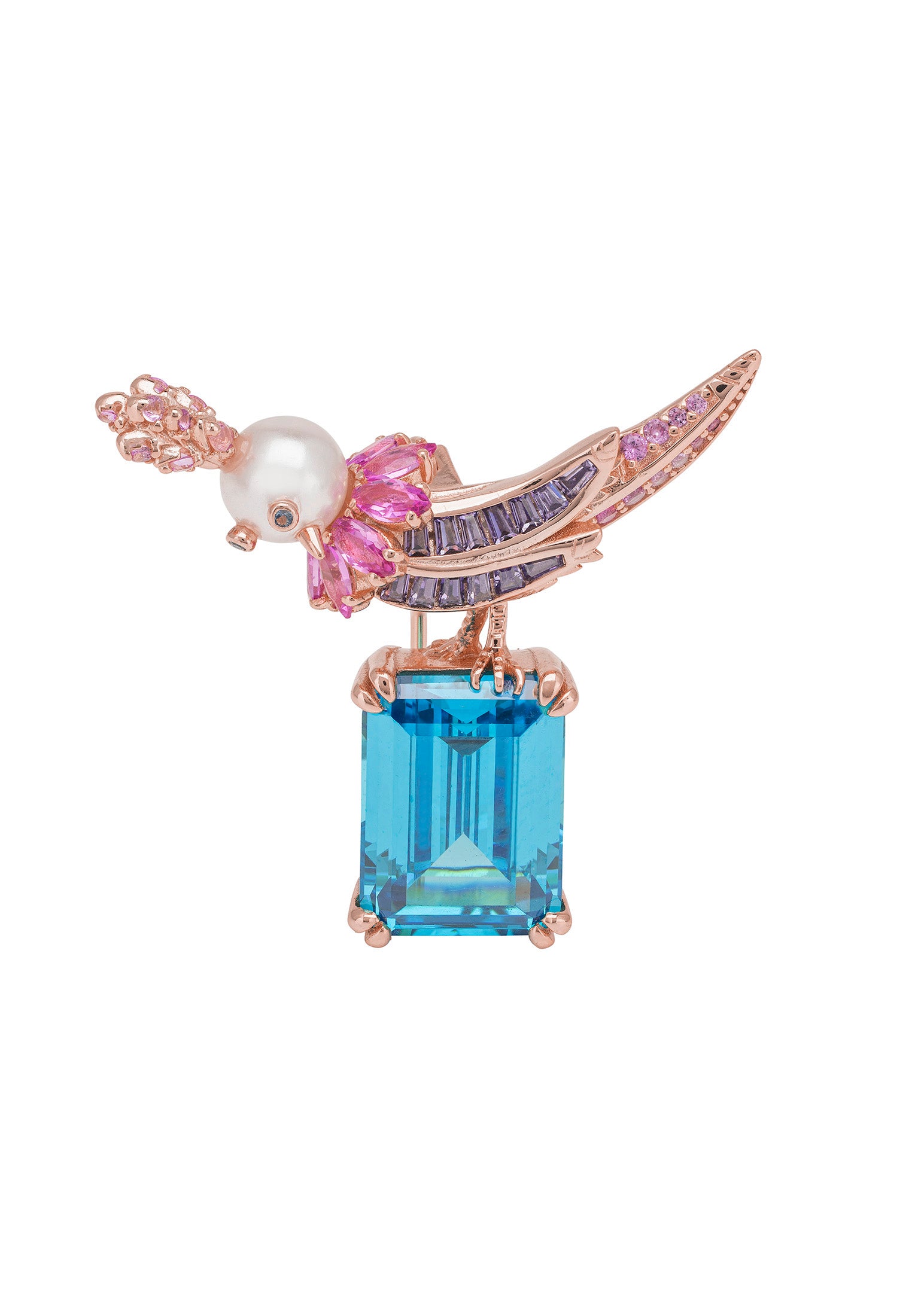 Bird Of Paradise Pearl Brooch Blue Topaz Rosegold