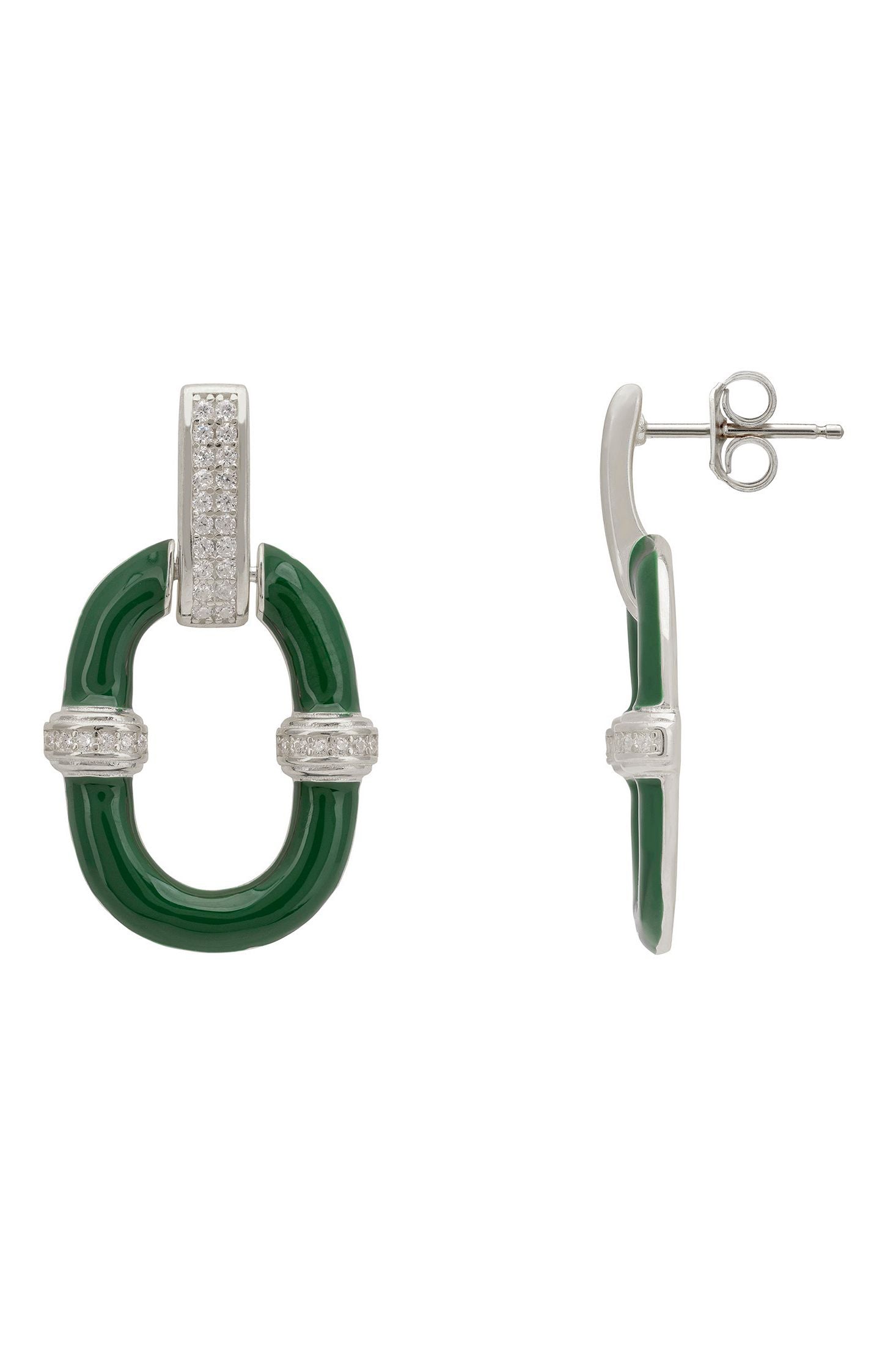 Pair of earrings with green circular design and silver accents on a white background