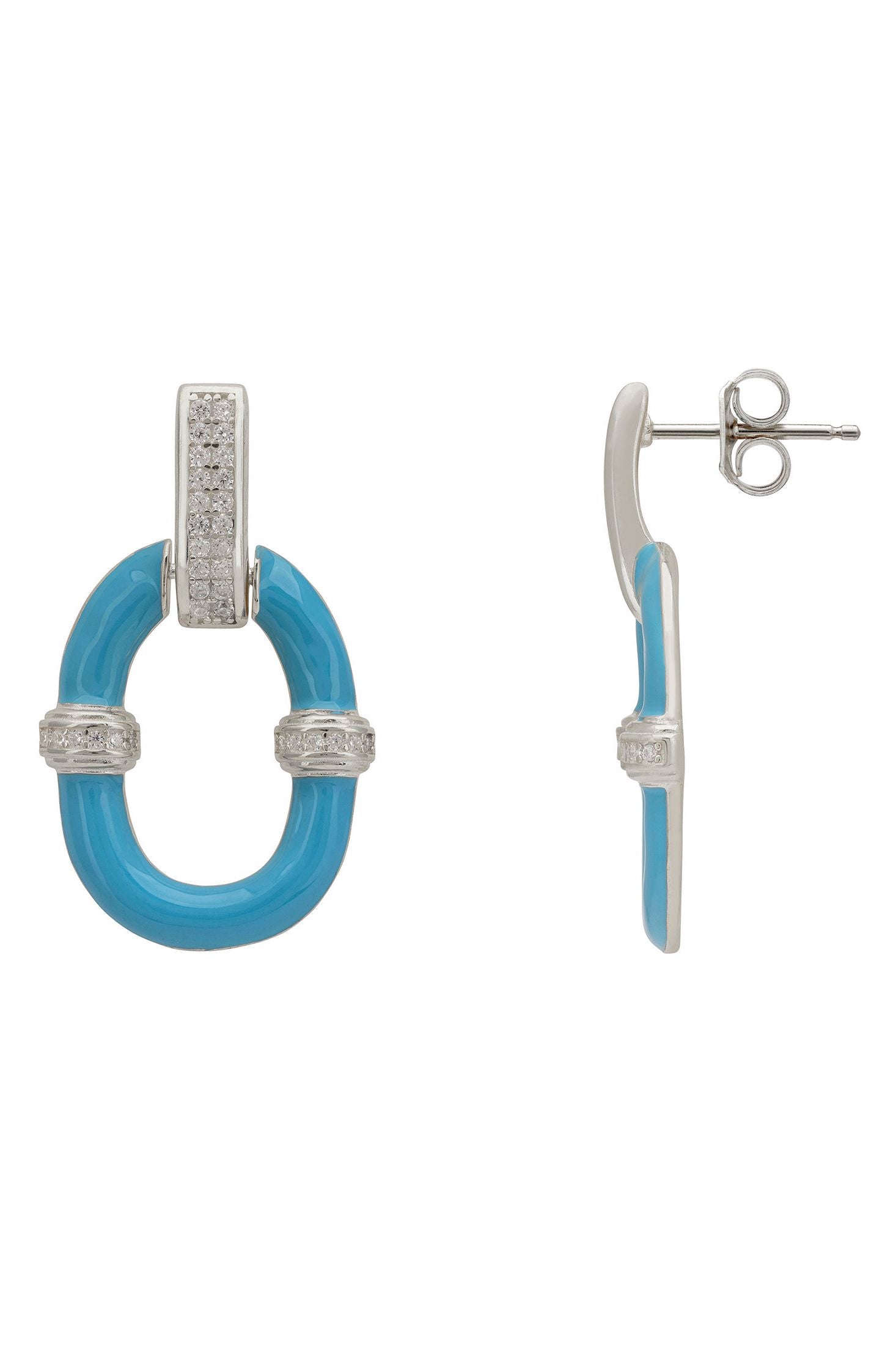 Pair of earrings with turquoise circular design and silver accents on a white background