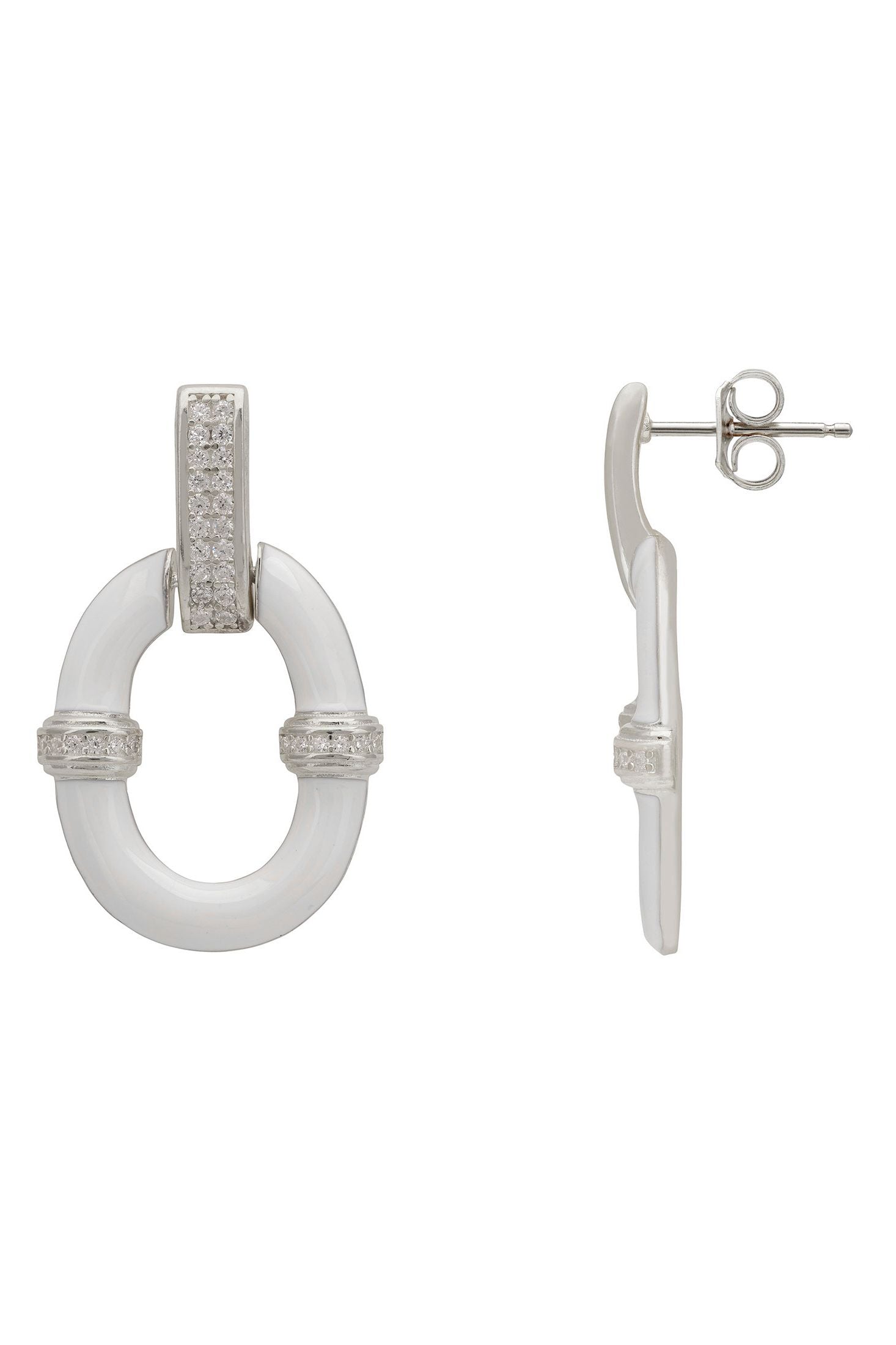 Pair of silver and white earrings on a white background