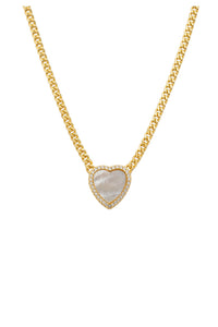 18k gold plated necklace with a mother of pearl heart charm and cubic zirconia.