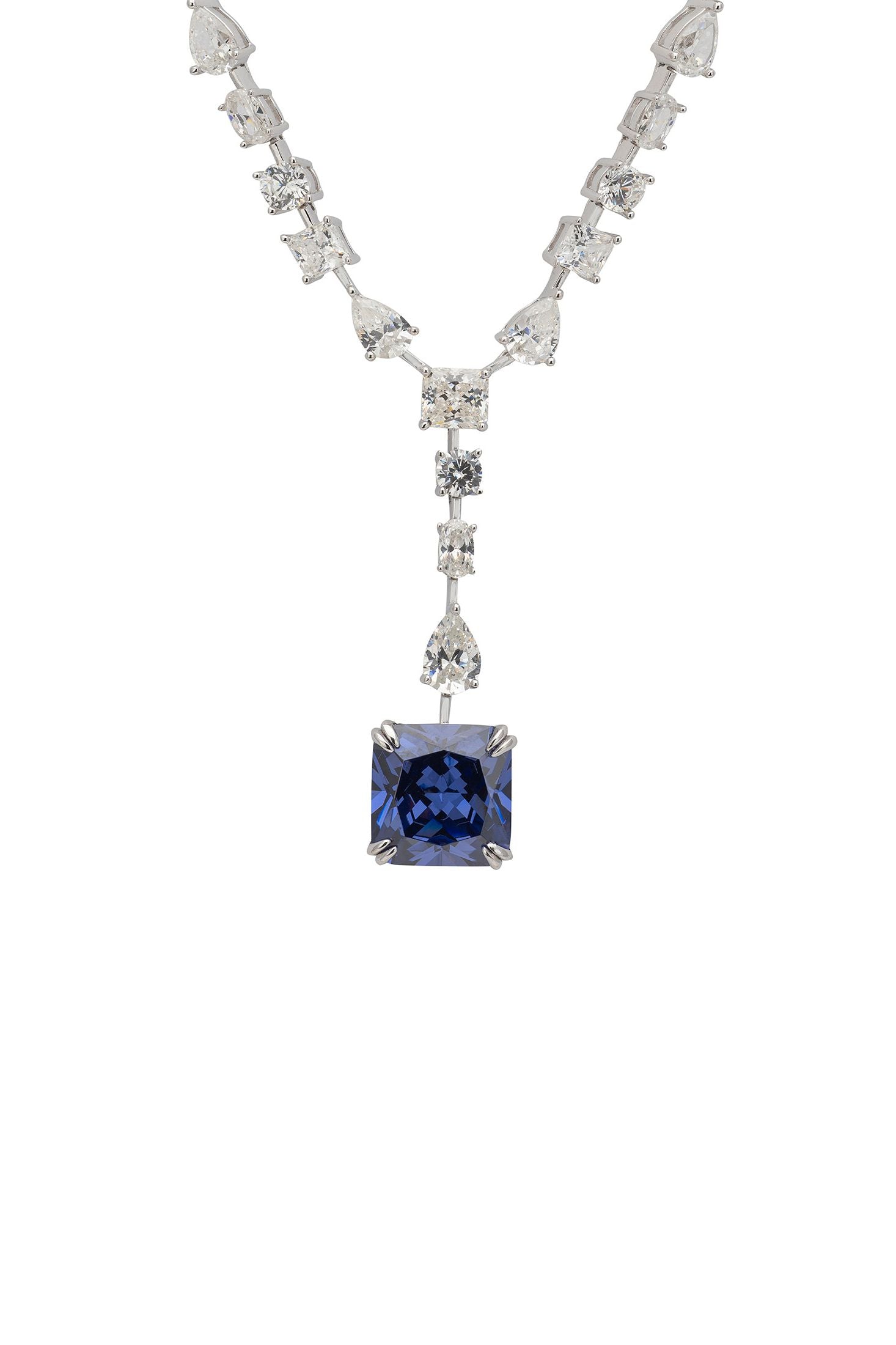 Elegant necklace with a blue gemstone pendant on a white background