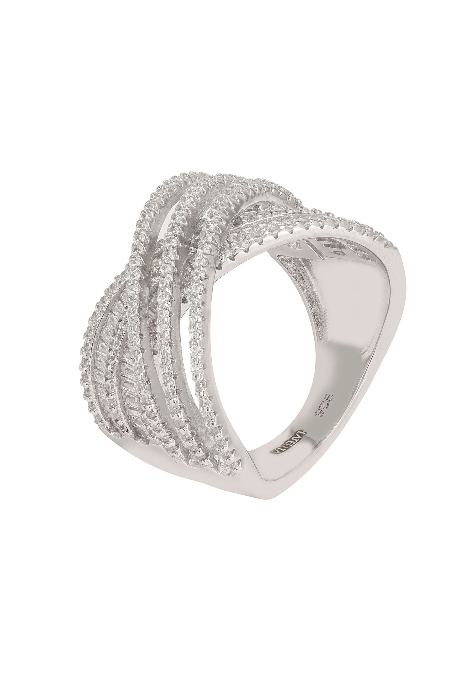 Silver ring with multiple bands on a white background