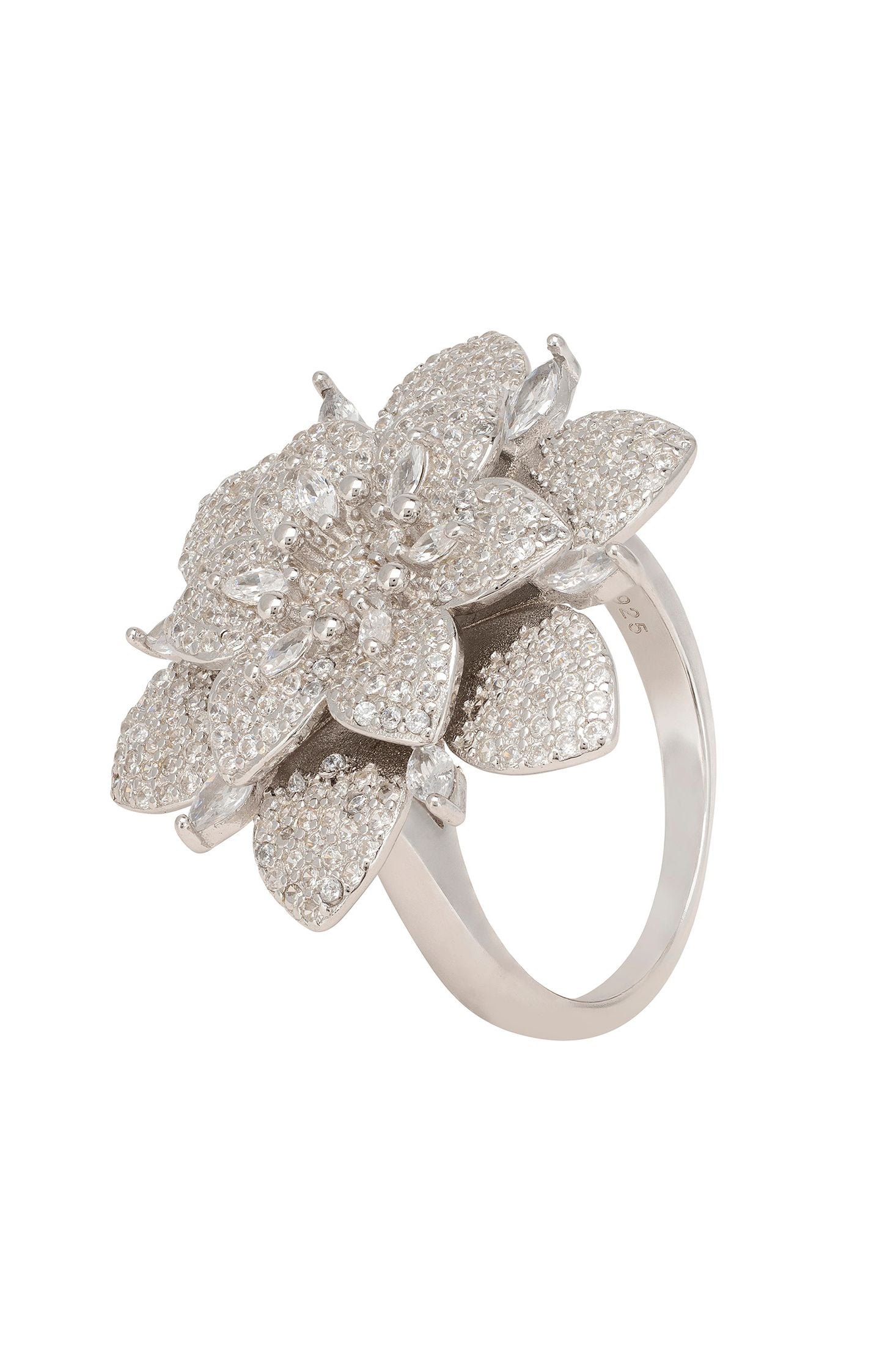 Silver floral ring with gemstones on a white background