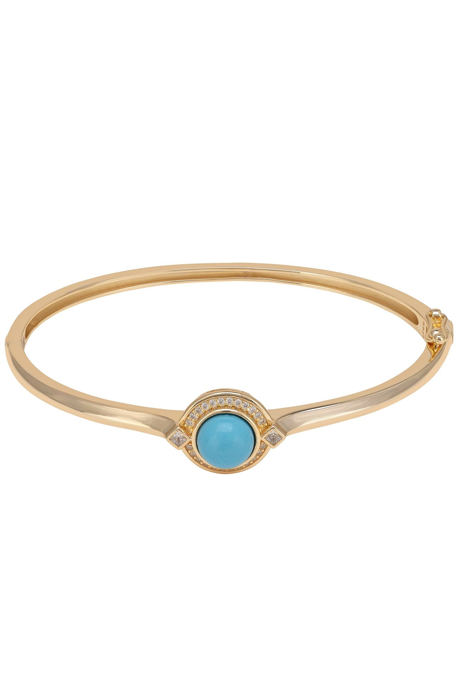 Gold bracelet with a blue gemstone on a white background