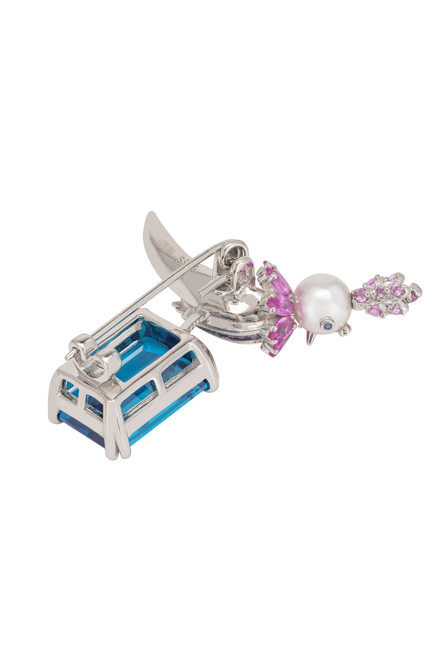Back view of a bird brooch with a blue gemstone at the bottom
