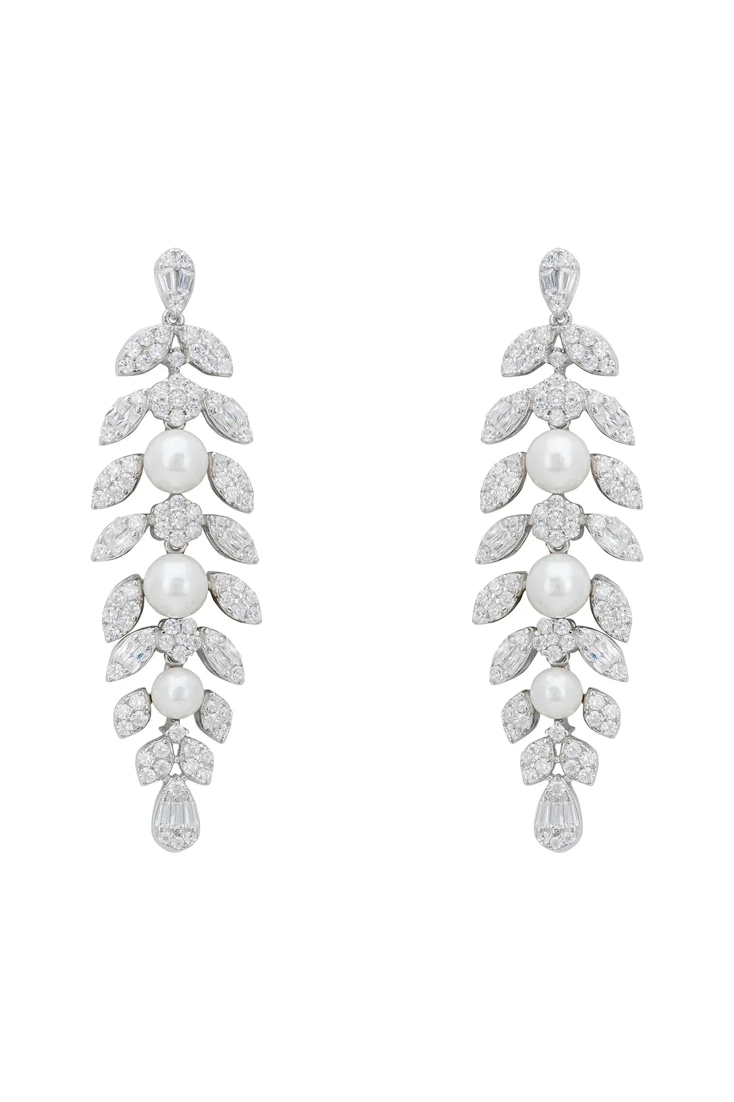 Diamond leaf earrings with pearl dew.