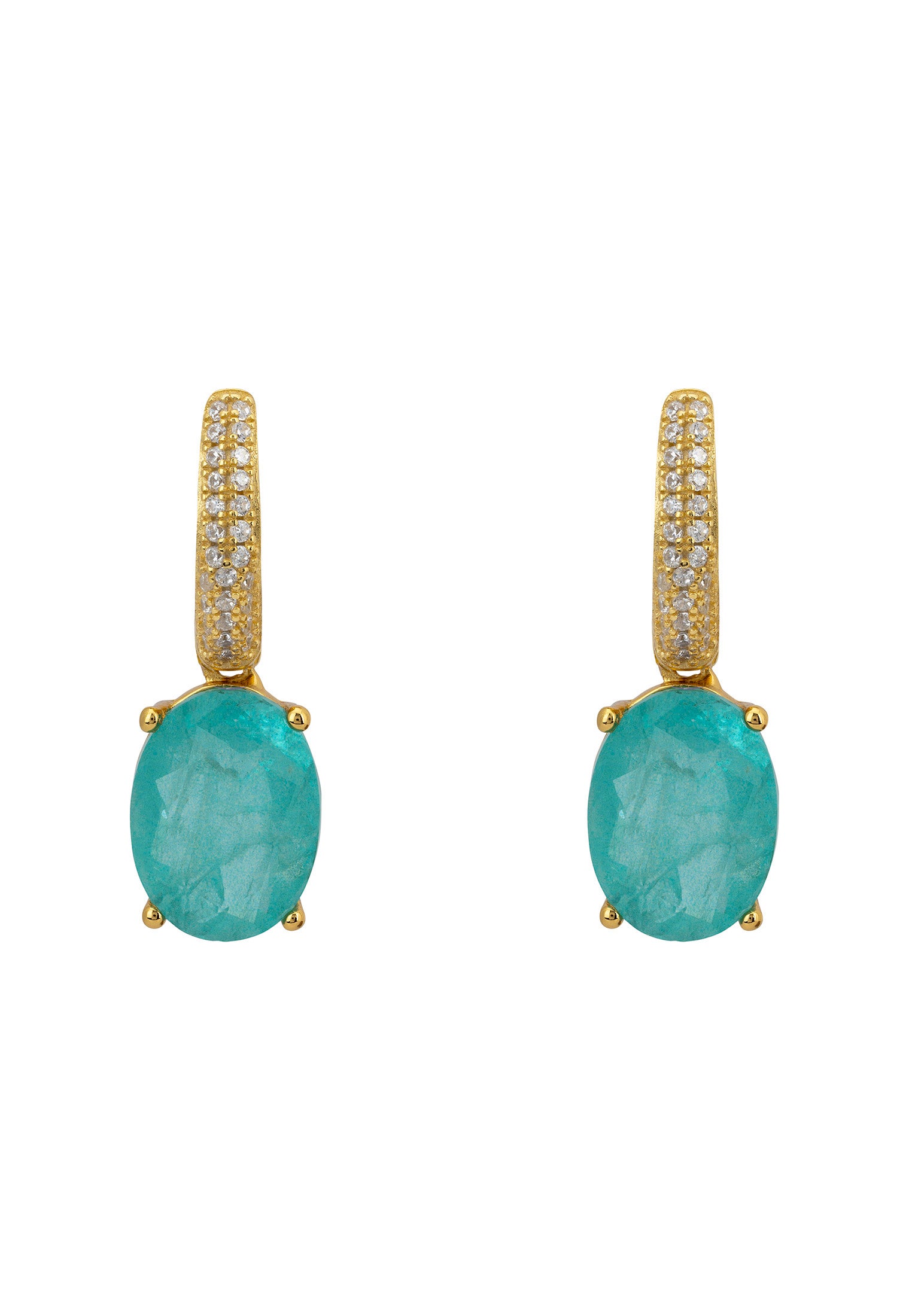 Oval teal gemstone gold earrings.