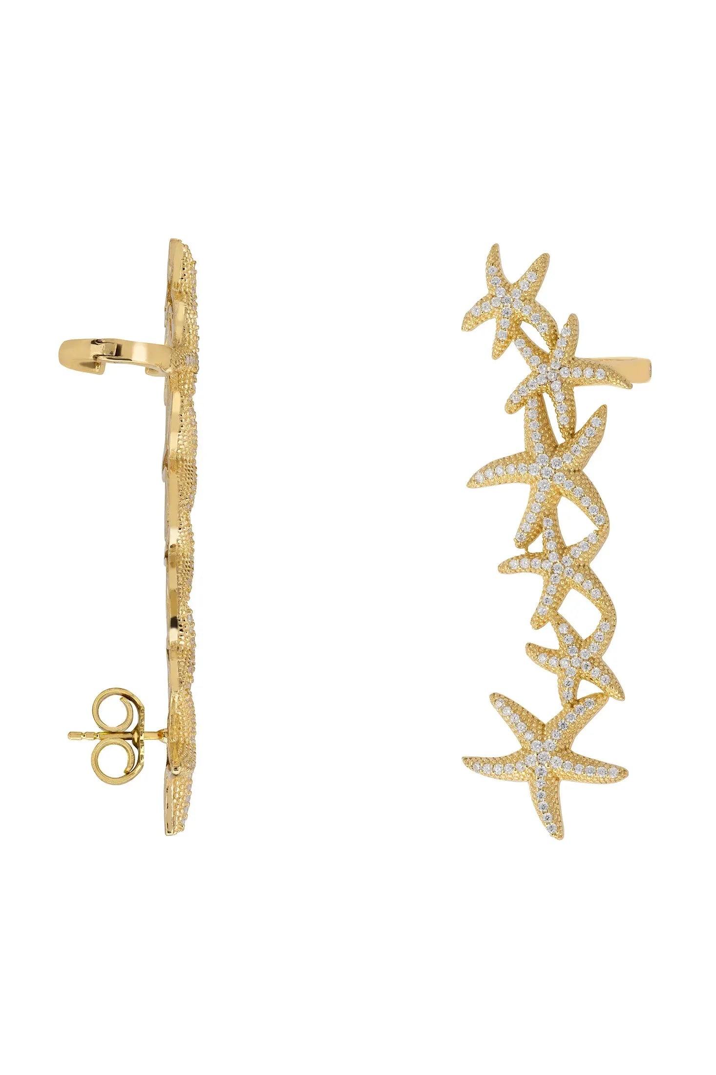 Gold starfish left ear climber, with a hinge and a push back.