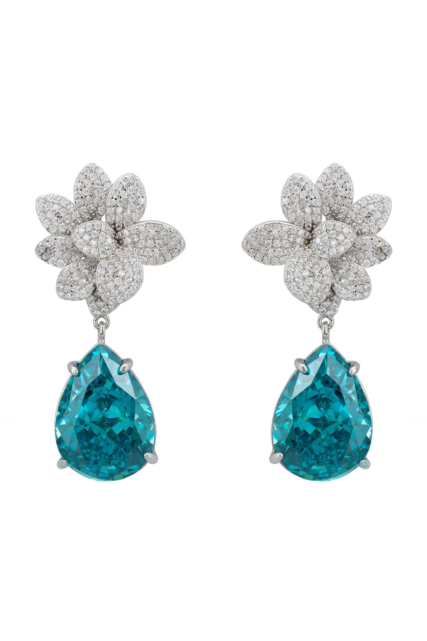 Teardrop aquamarine and diamond flower drop earrings.