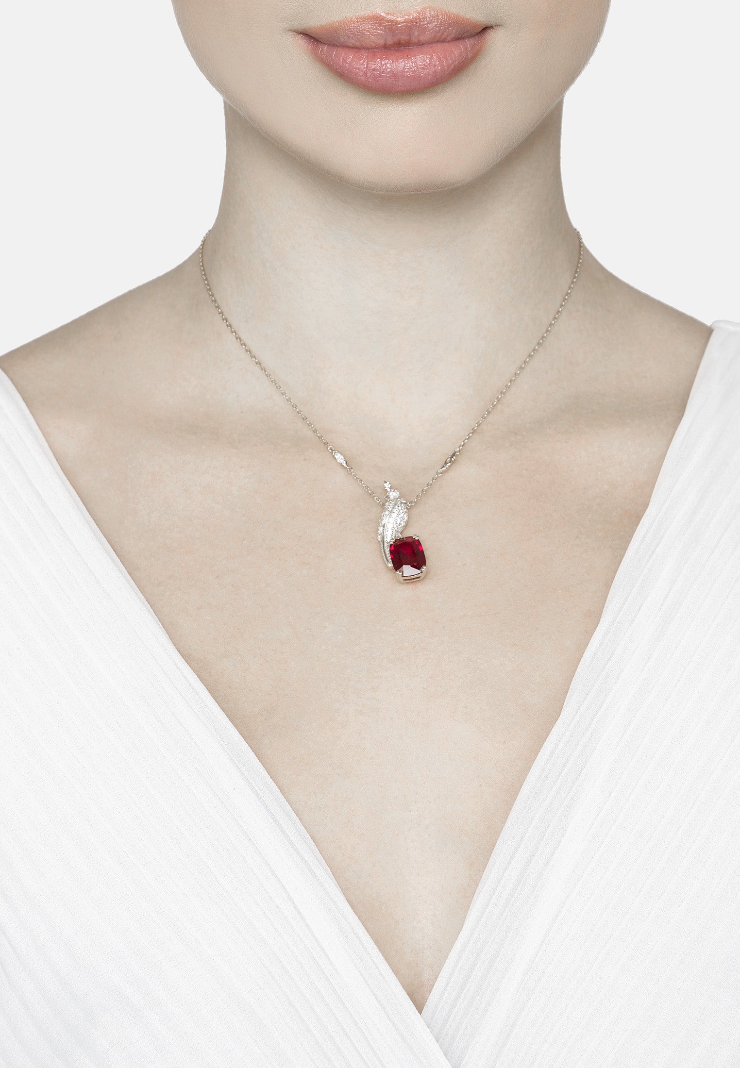 Crested Love Bird Pendant Necklace Ruby Silver