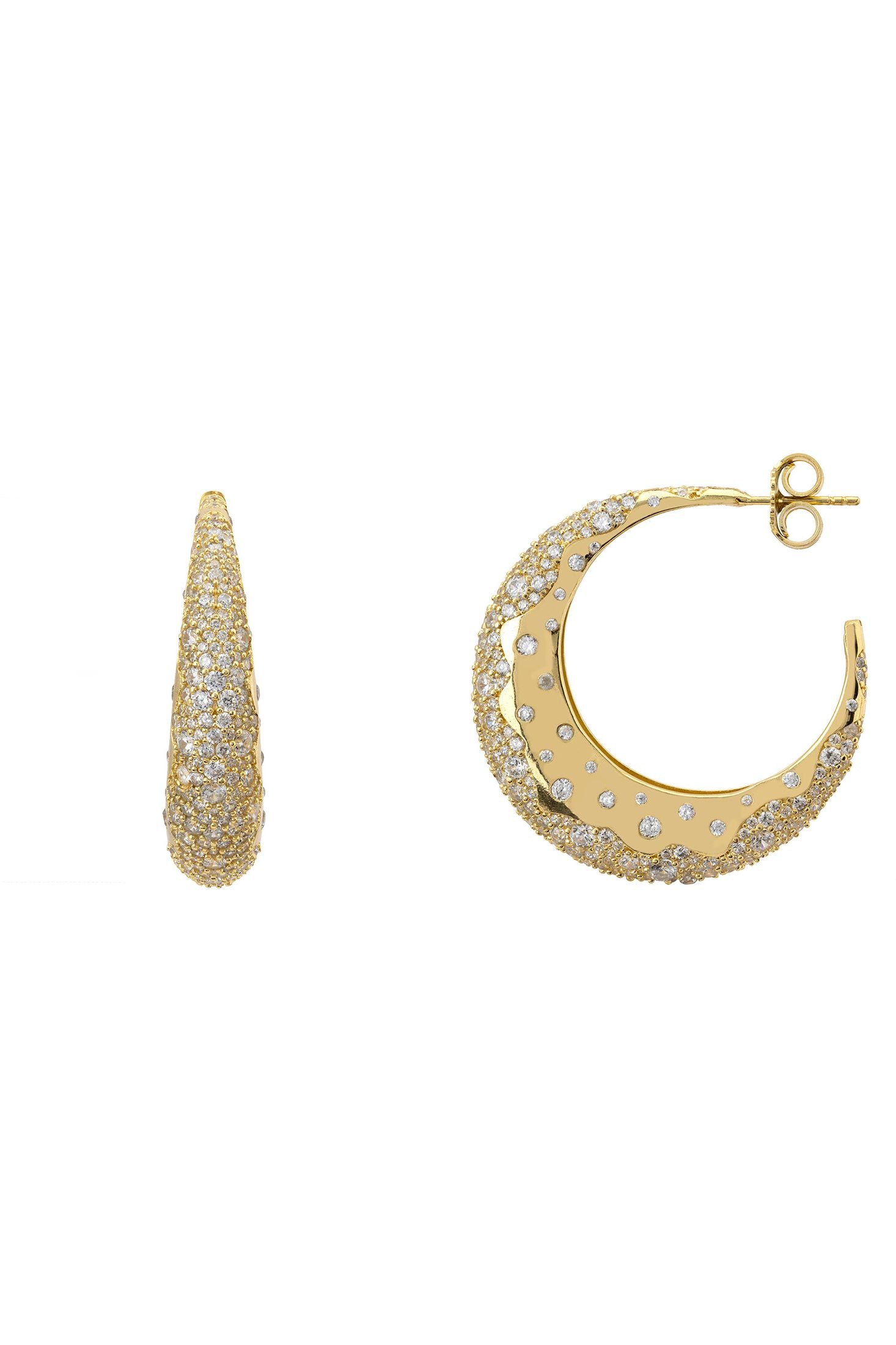 Diamond moon dust crescent gold hoop earrings, with push backing.