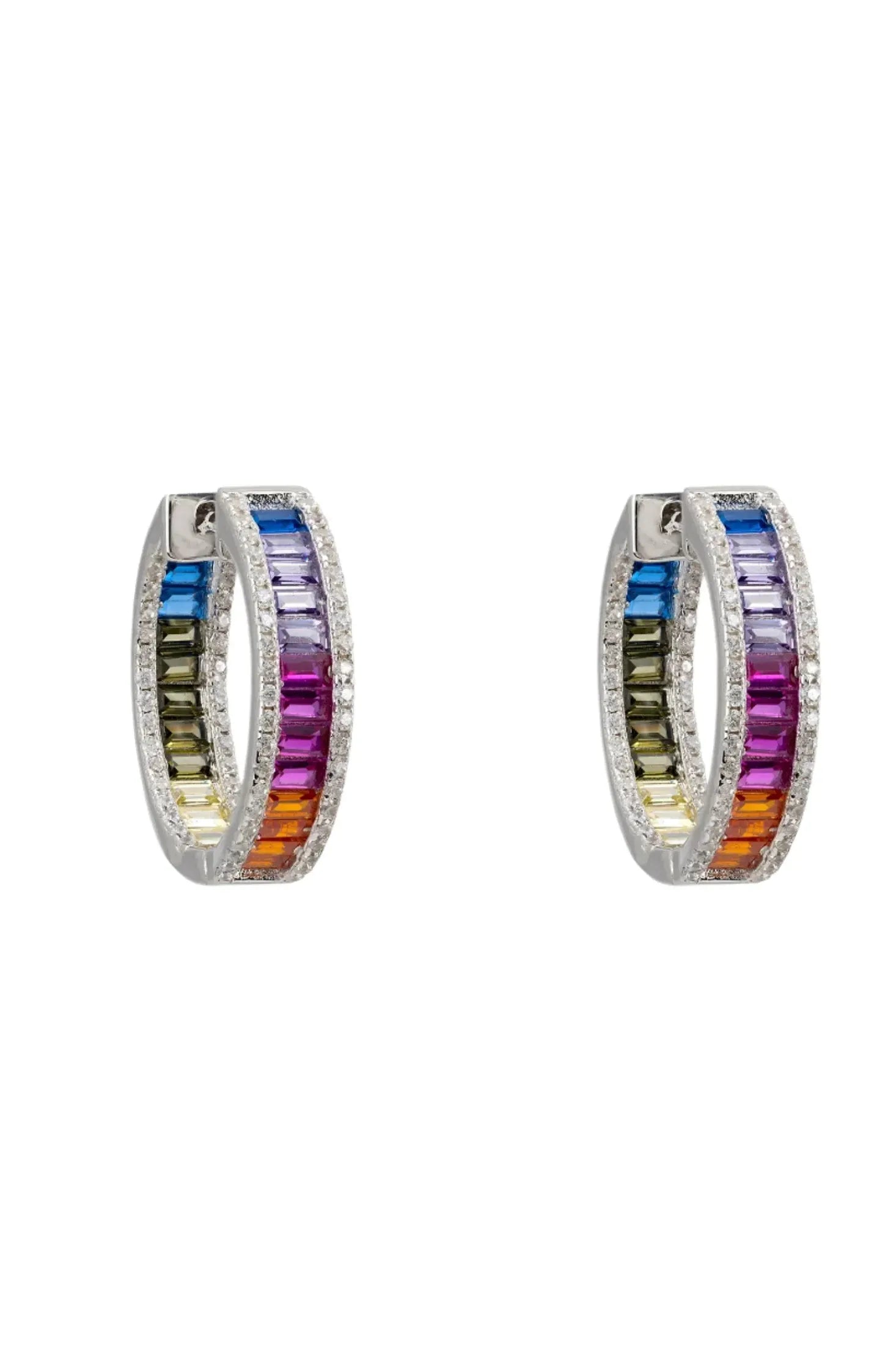 Rainbow gemstone silver hoop earrings.