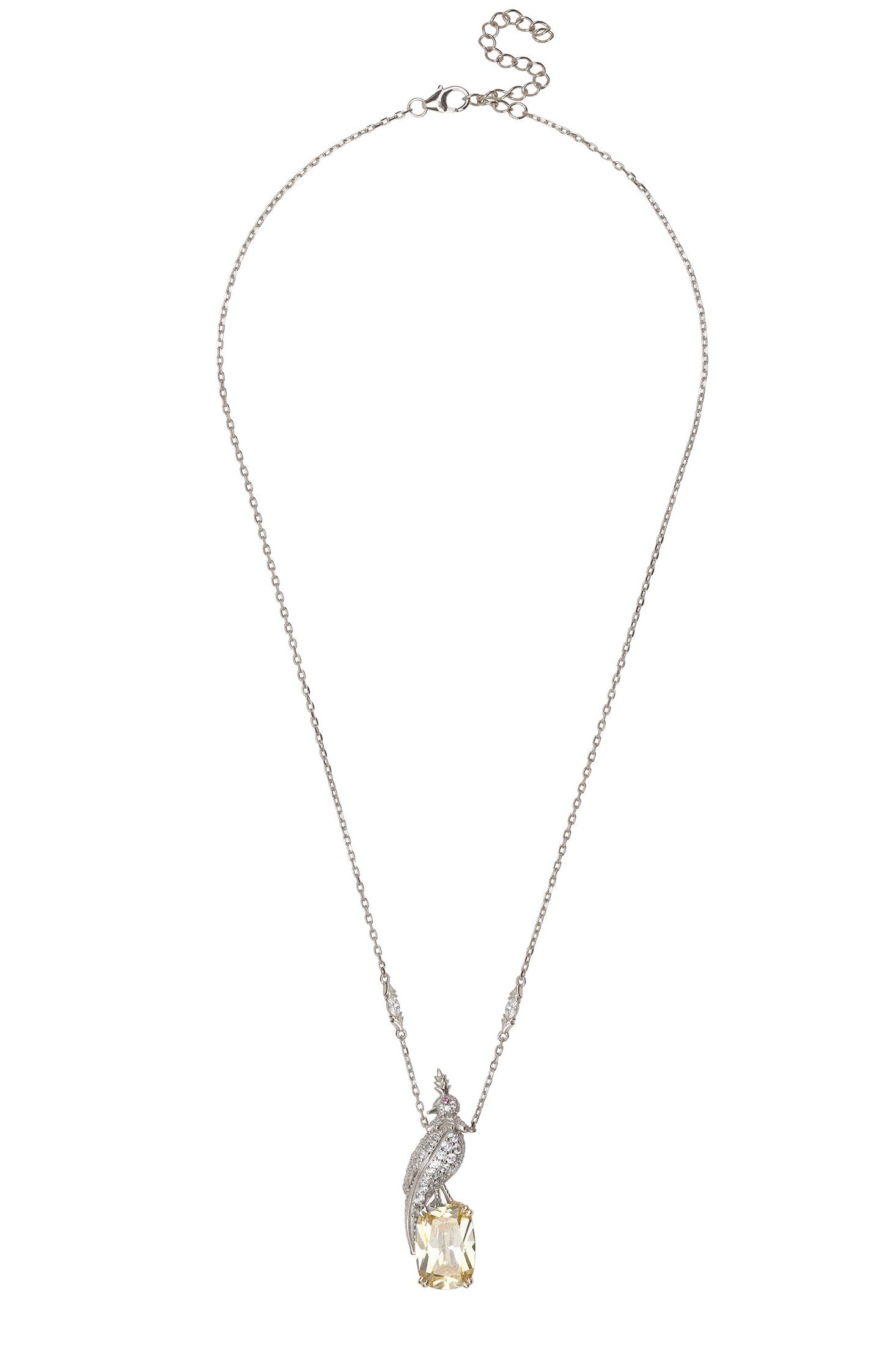 Angled view of Crested Love Bird Pendant Necklace Yellow Topaz Silver, showing bird design, silver finish and the jewellery profile.