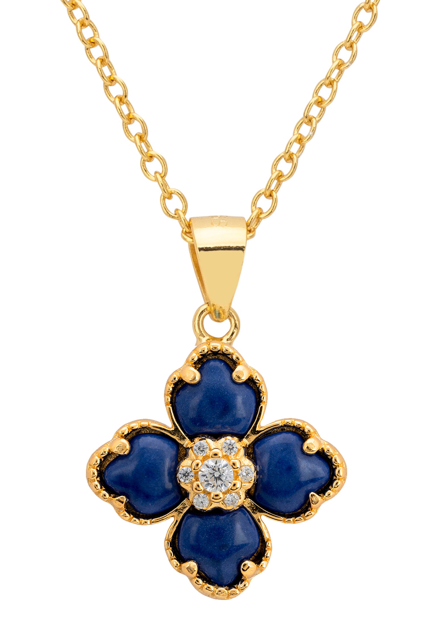 Flower Clover Lapis Lazuli Pendant Necklace Gold