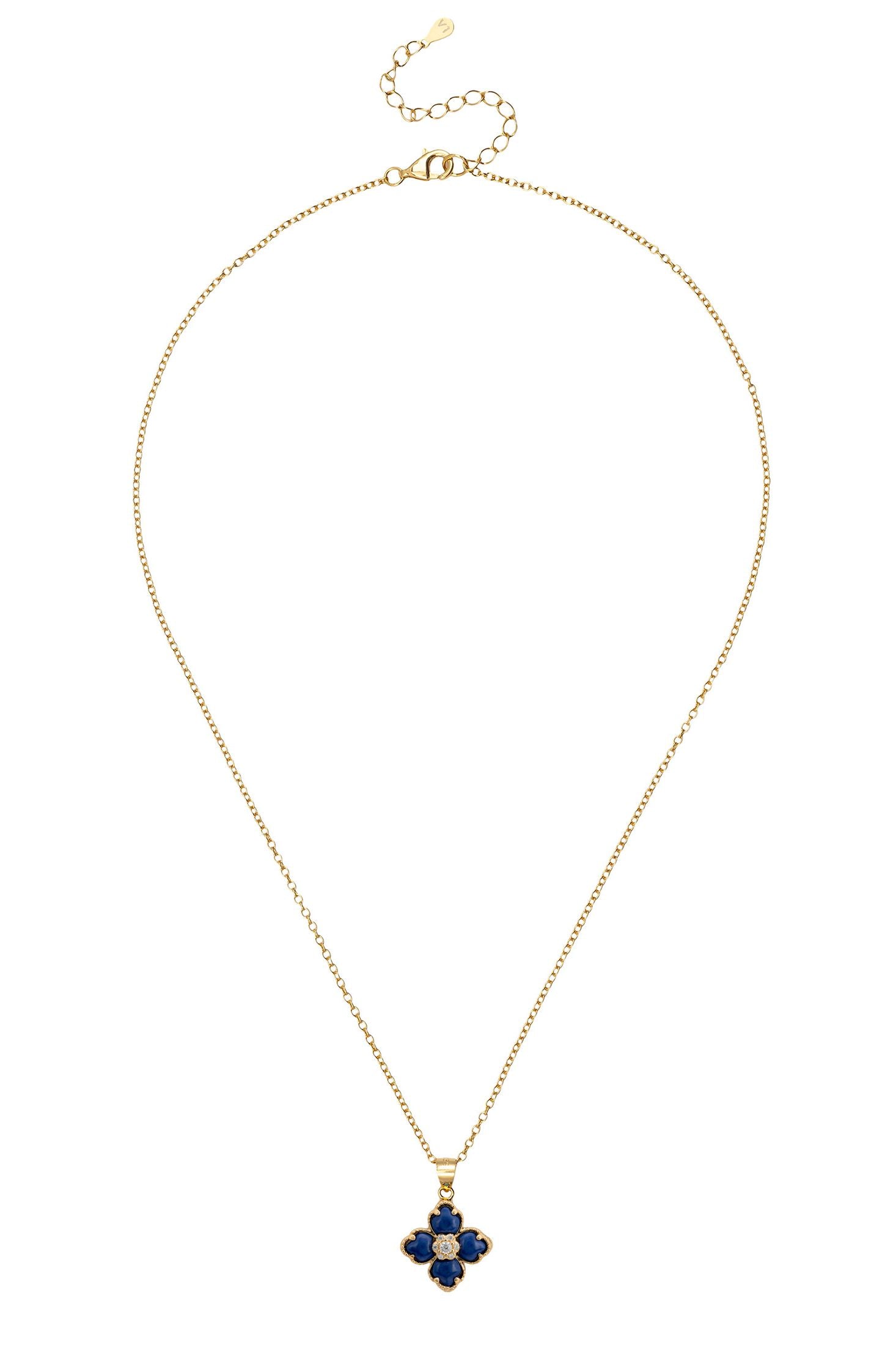 Gold necklace with a blue pendant on a white background