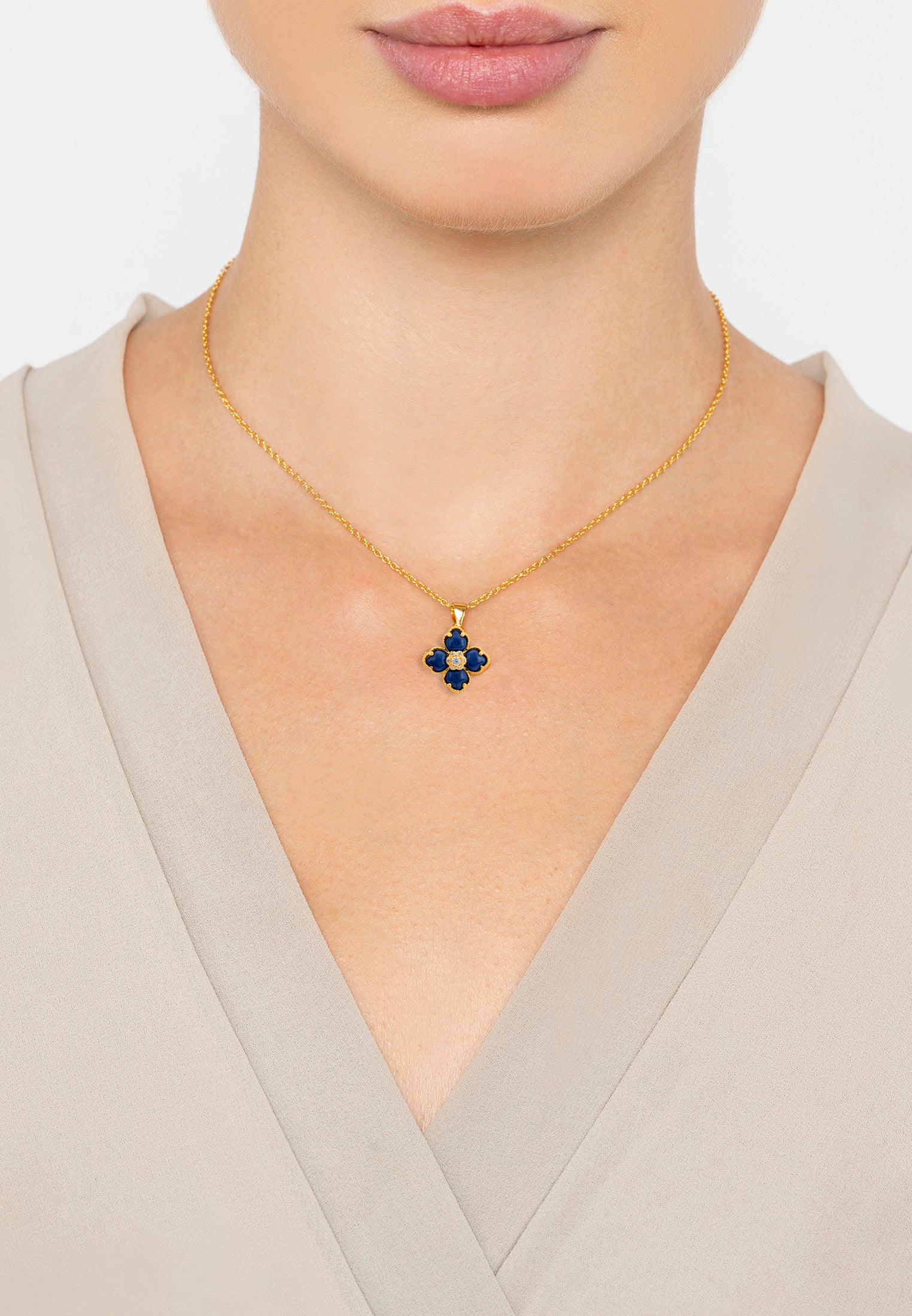 Flower Clover Lapis Lazuli Pendant Necklace Gold