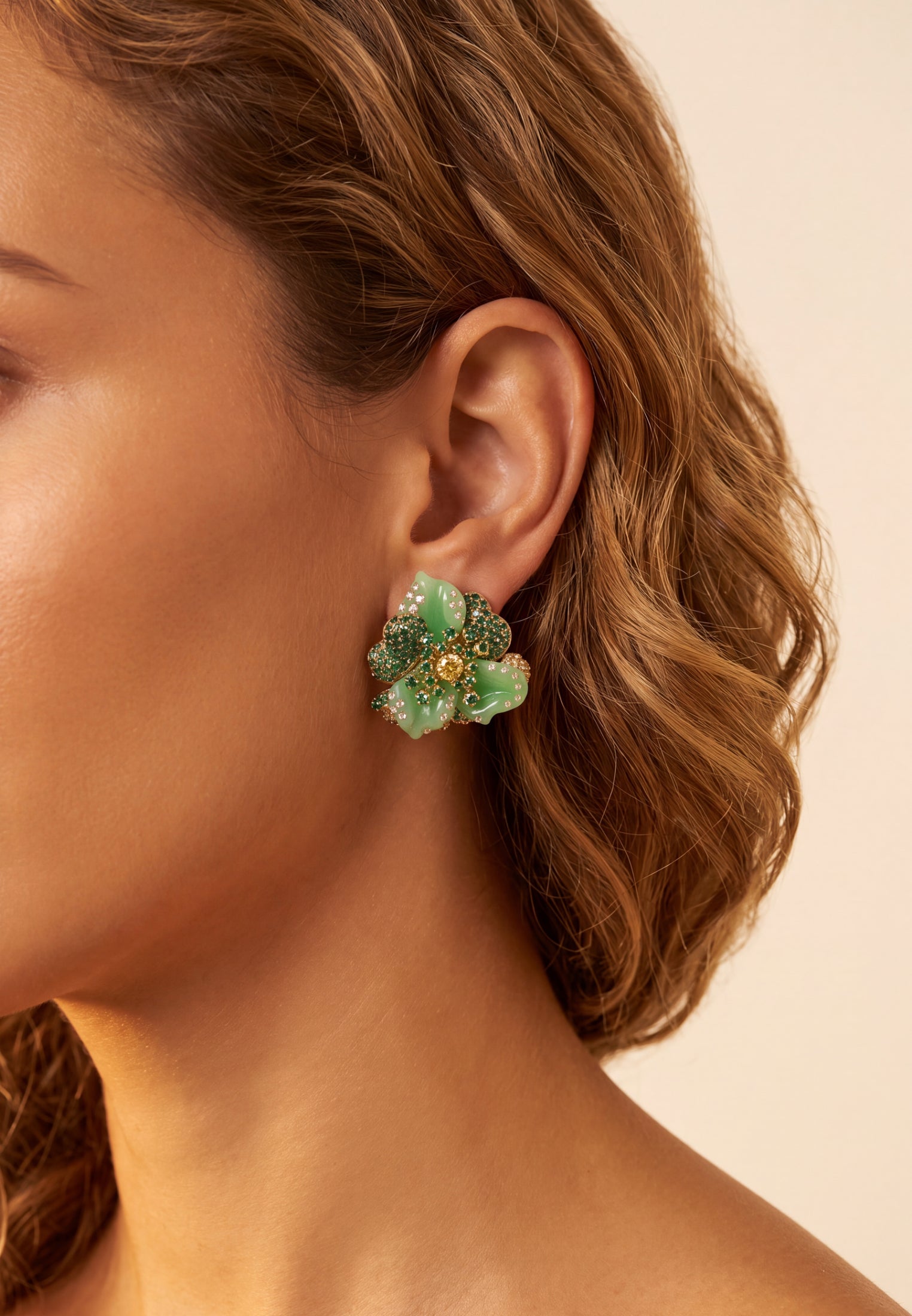 Jade Rose Flower Stud Earrings Gold