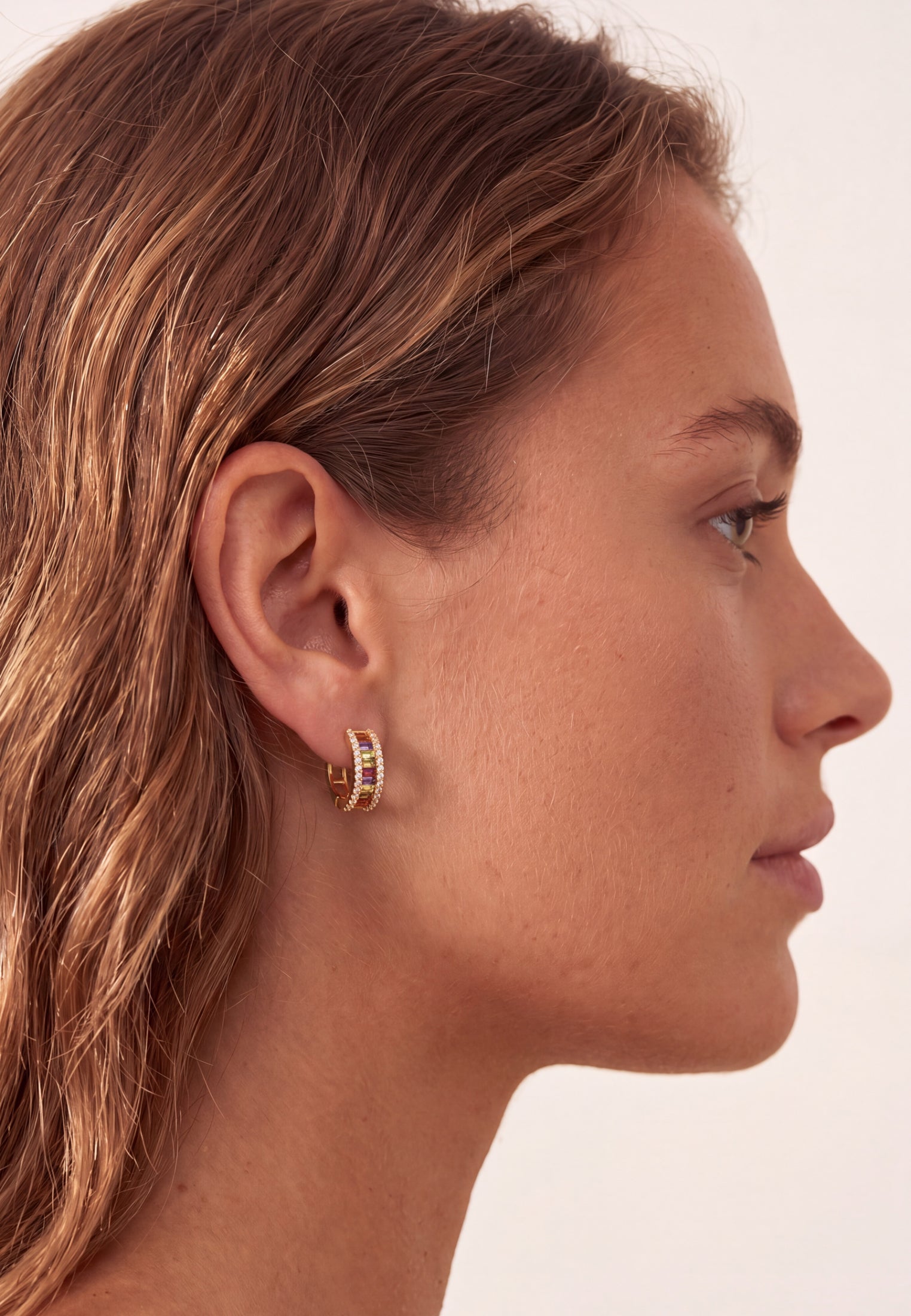 Baguette Huggie Hoop Earrings Rainbow Gold