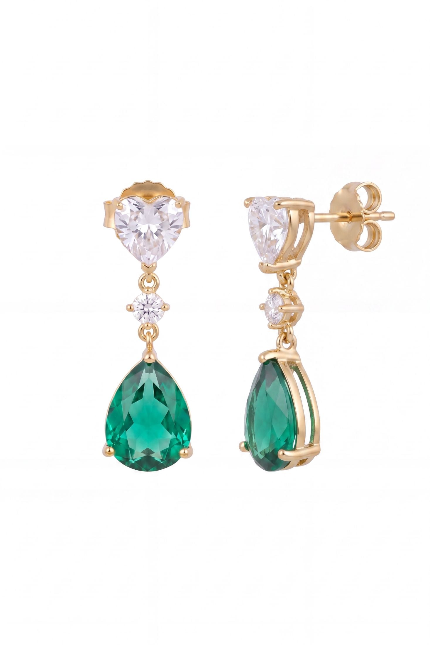 Angled view of Irina Paraiba Tourmaline Teardrop Earrings Gold, showing gold finish and the jewellery profile.