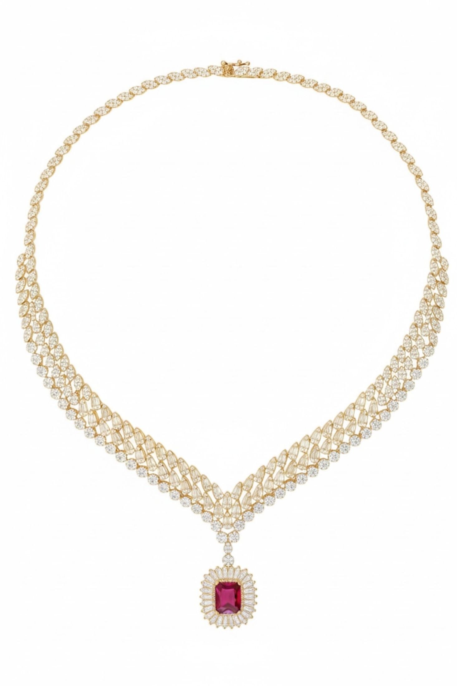 Full view showing the open box clasp and the chain of simulated diamonds leading up to it.
