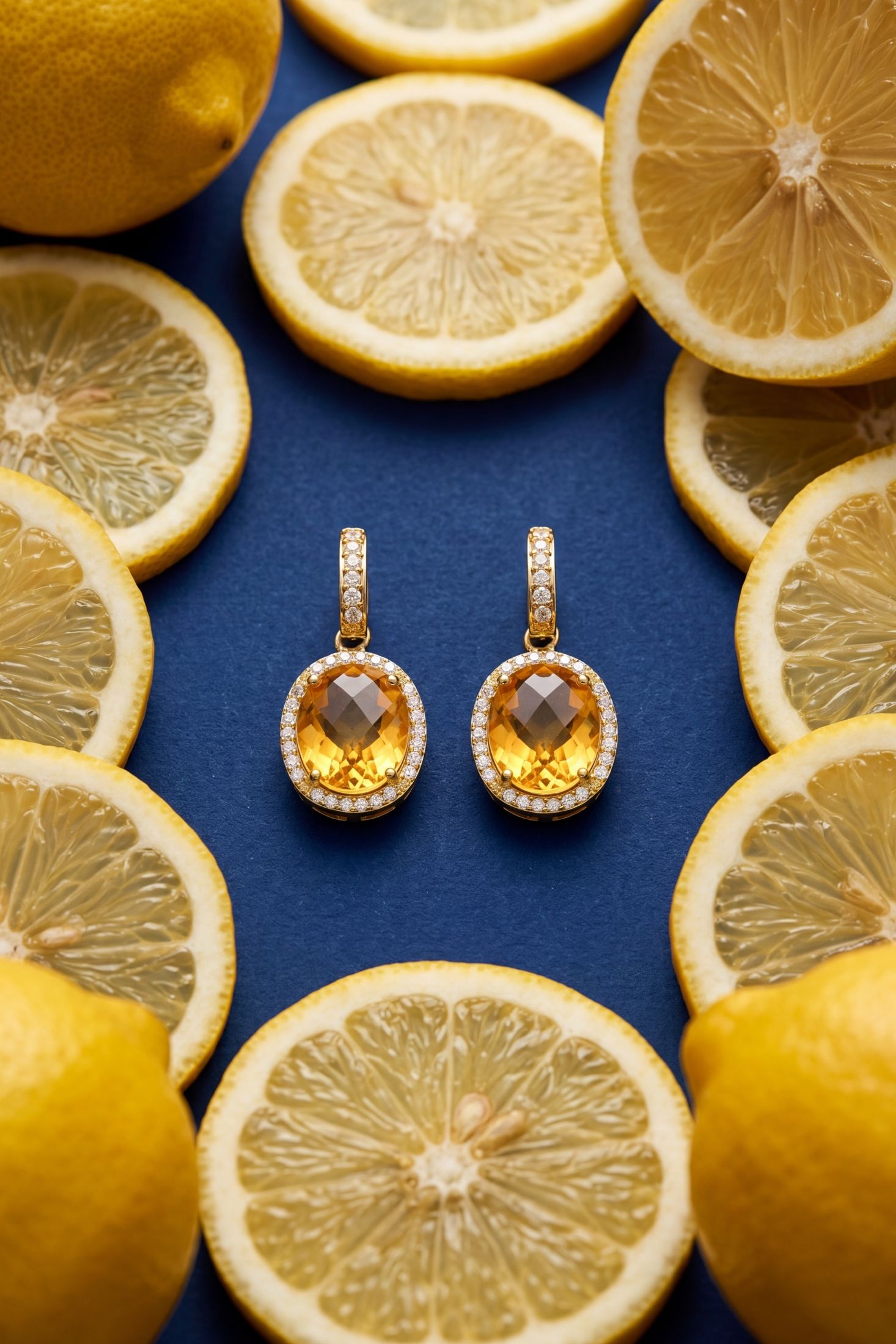 Close-up of Beatrice Oval Gemstone Drop Earrings Gold Citrine Hydro, highlighting citrine detailing, gold finish.