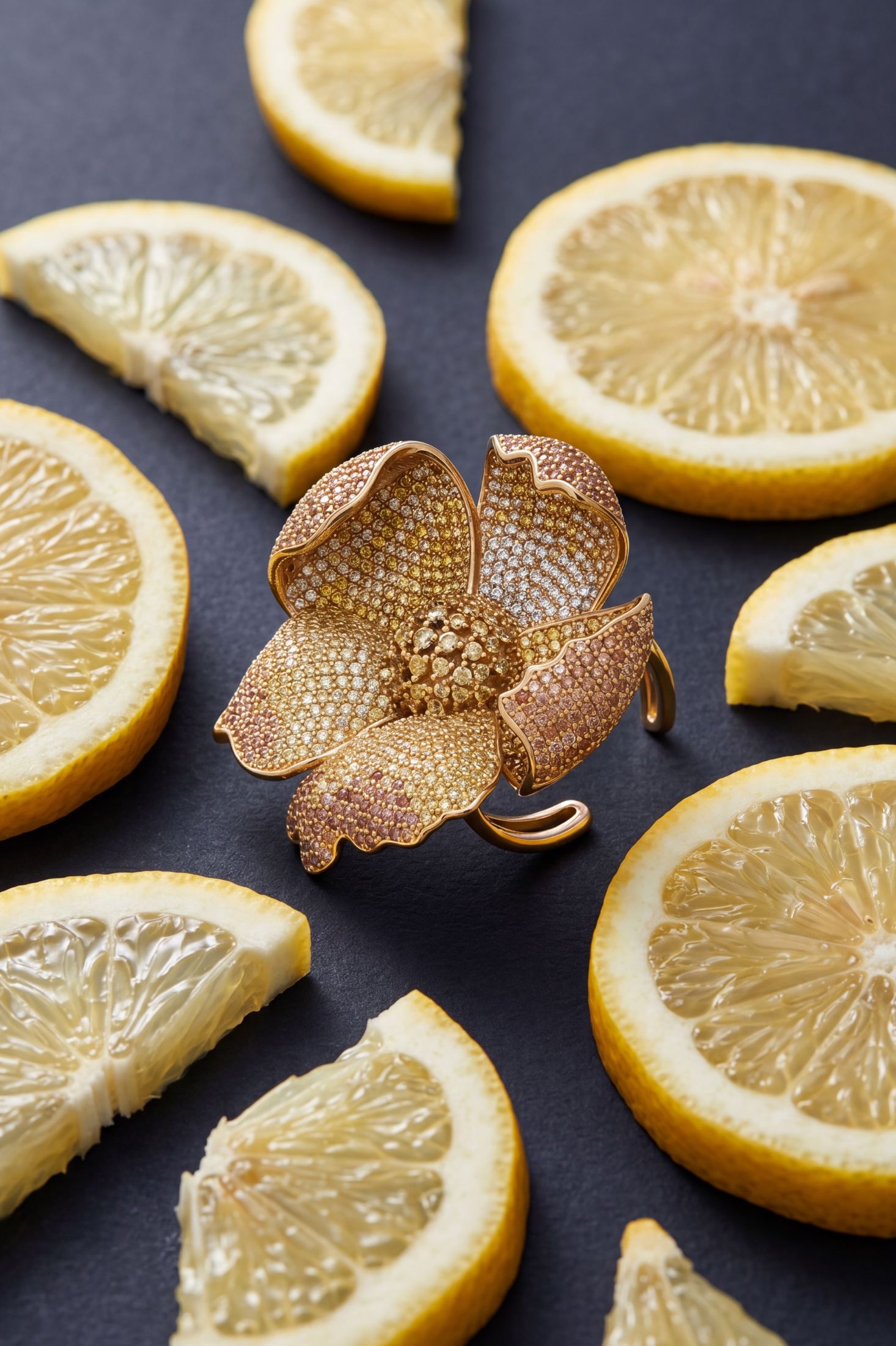 Close-up of Poppy Flower Lemon Ring Gold, highlighting flower design, gold finish.