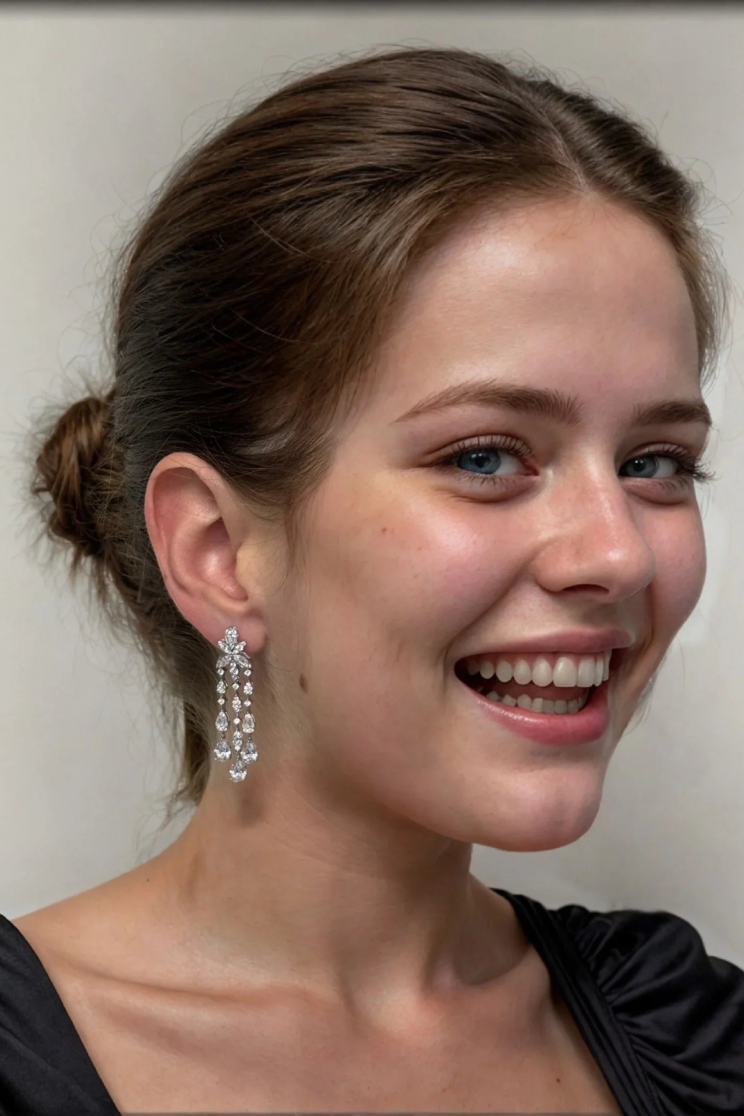 The earring worn by a model.