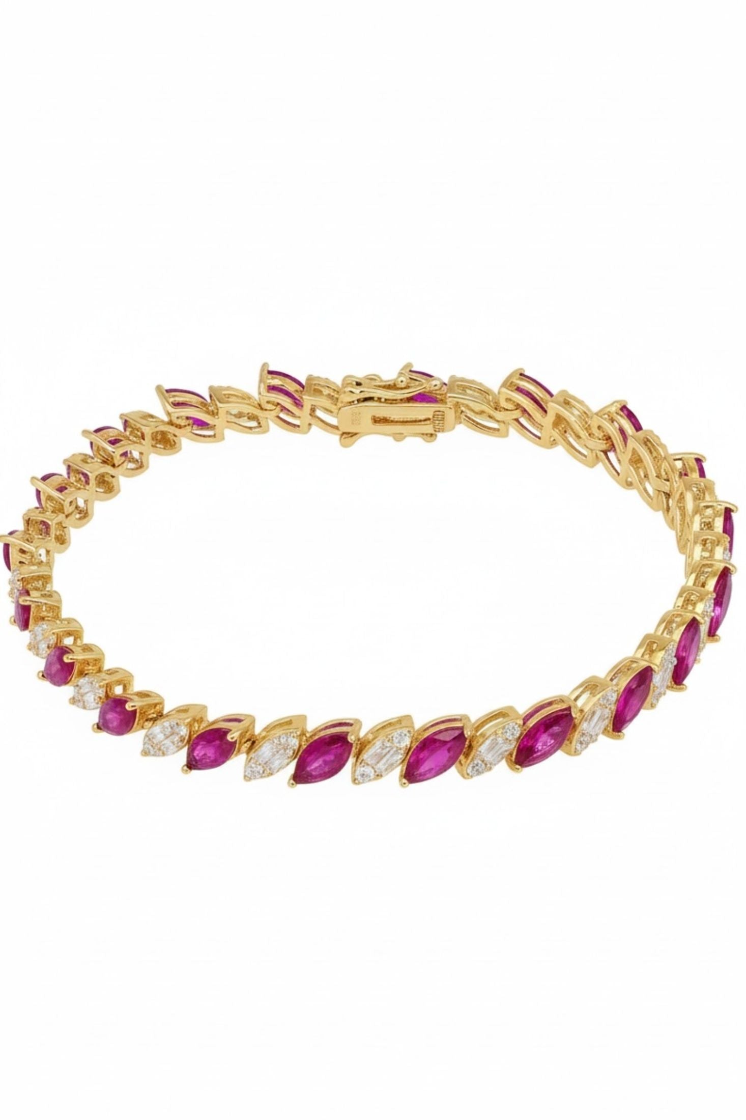 18k gold plated marquise cut tennis bracelet with alternating rubies and simulated diamonds.