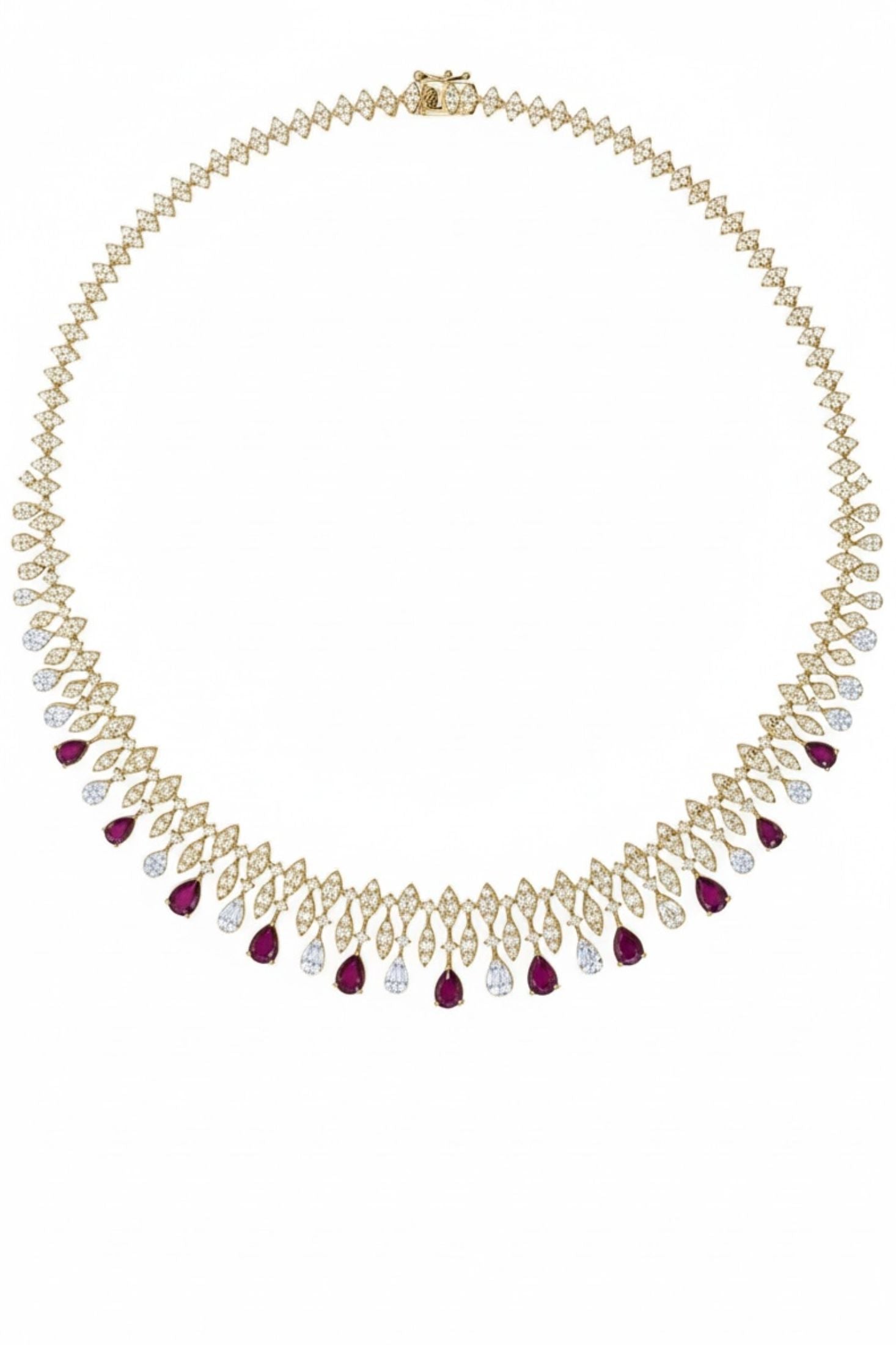 Ruby teardrops, diamond and gold necklace.