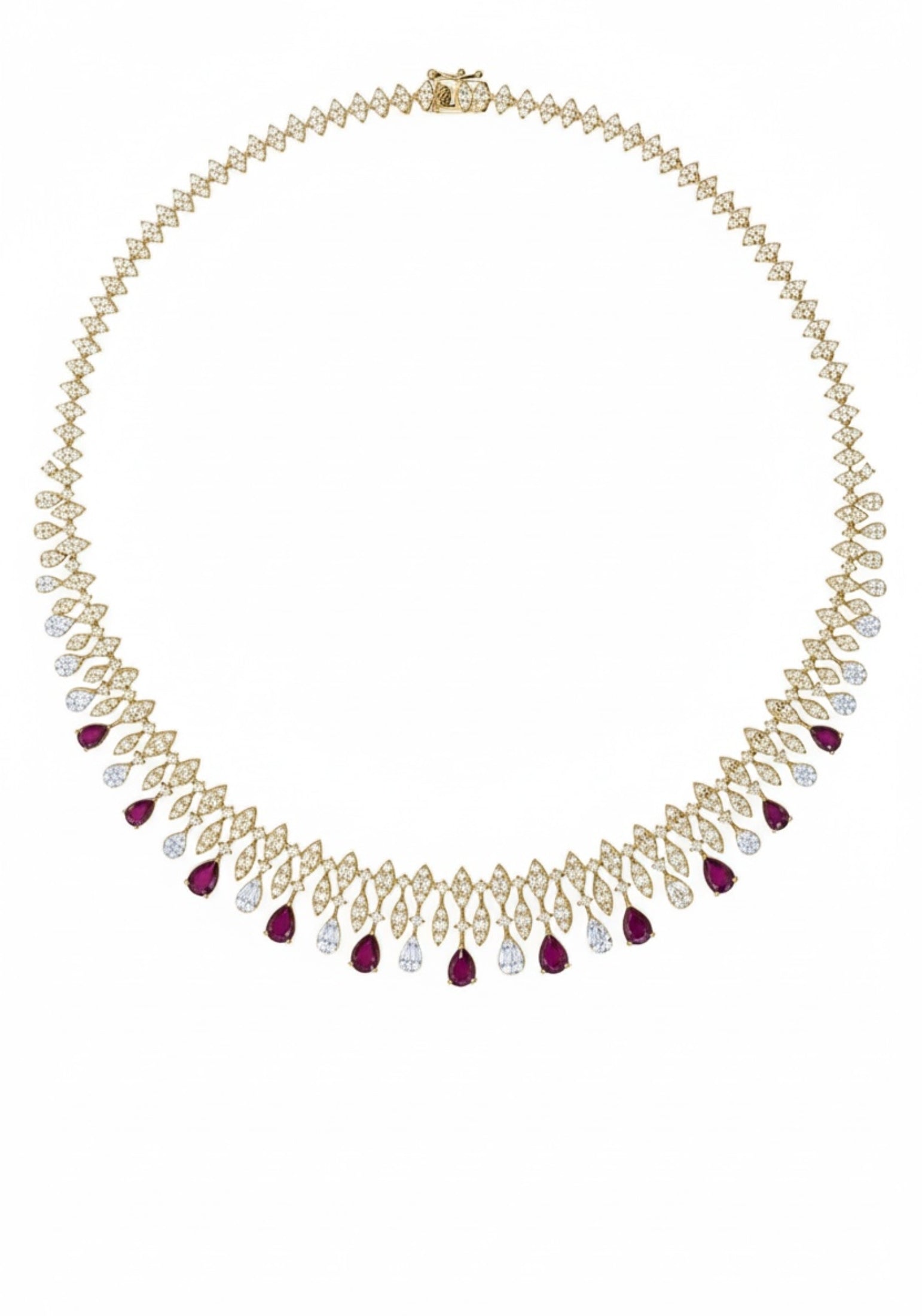 Ruby teardrops, diamond and gold necklace.