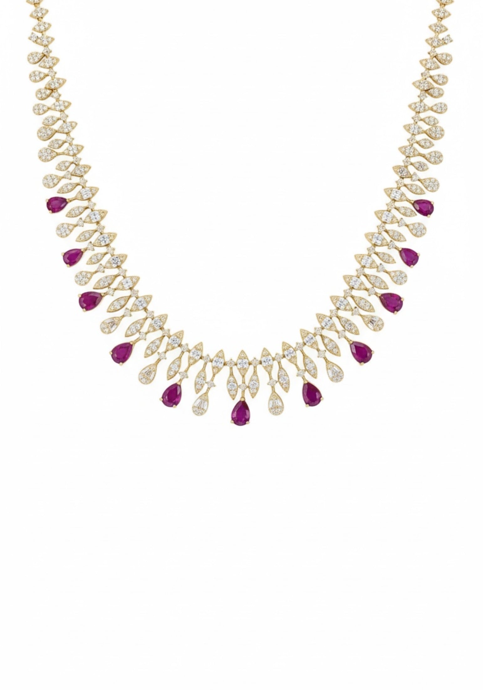 Close-up of the ruby teardrops, diamond and gold necklace.