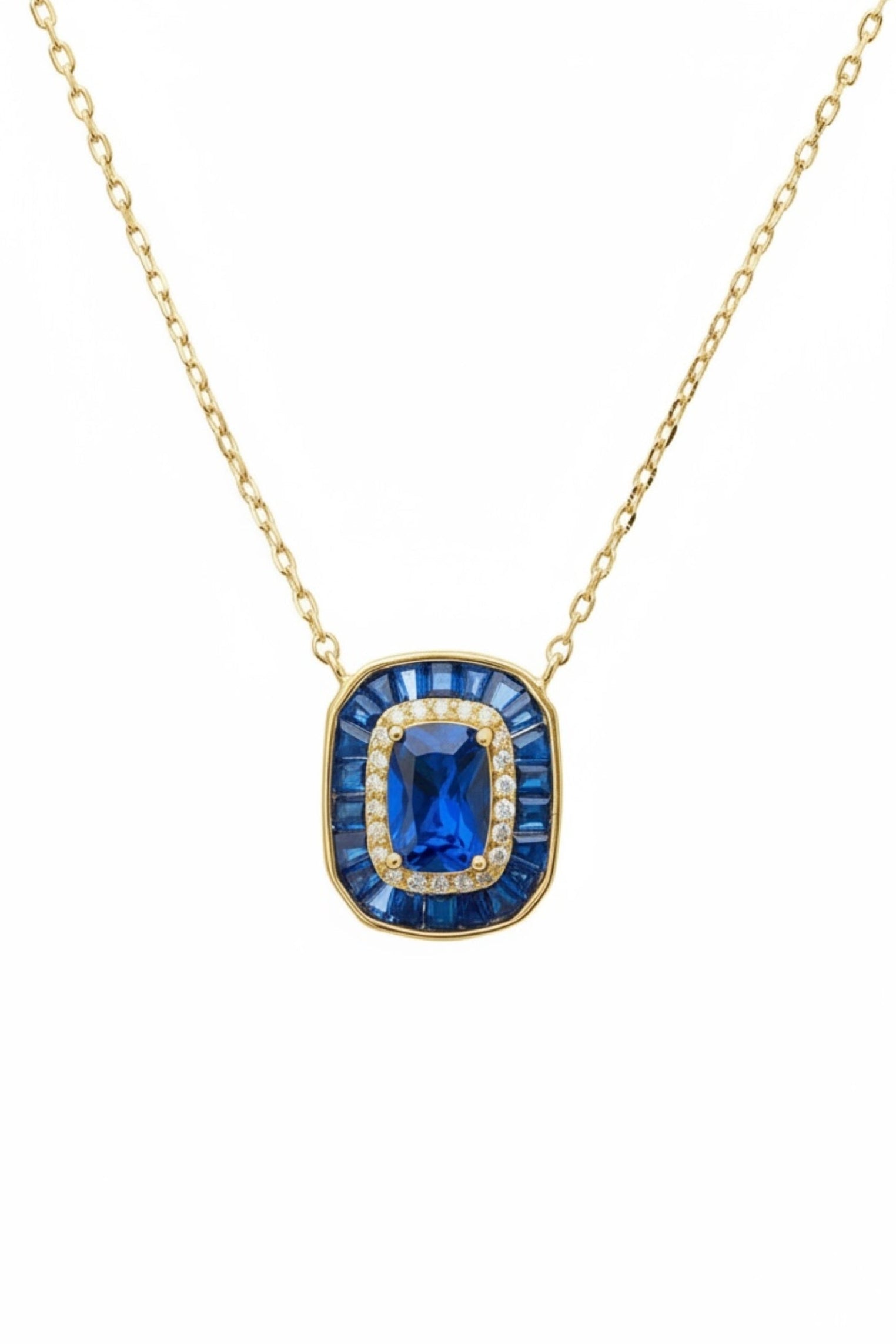 Diamond and sapphire charm gold necklace.