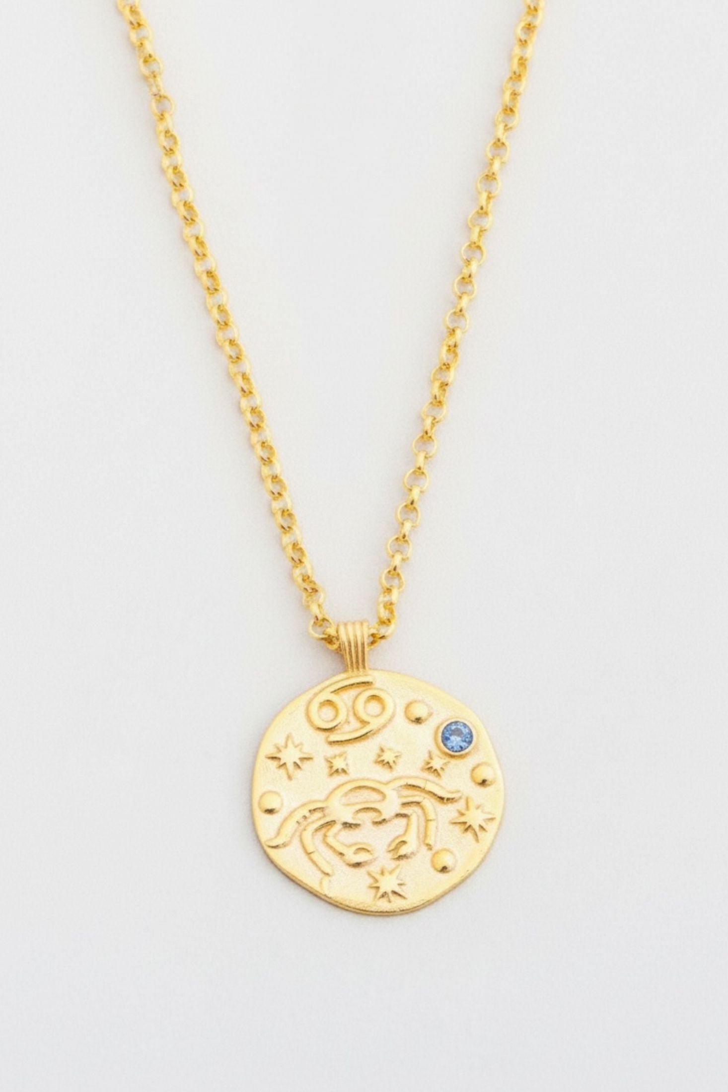 Gold necklace with a zodiac pendant on a light gray background