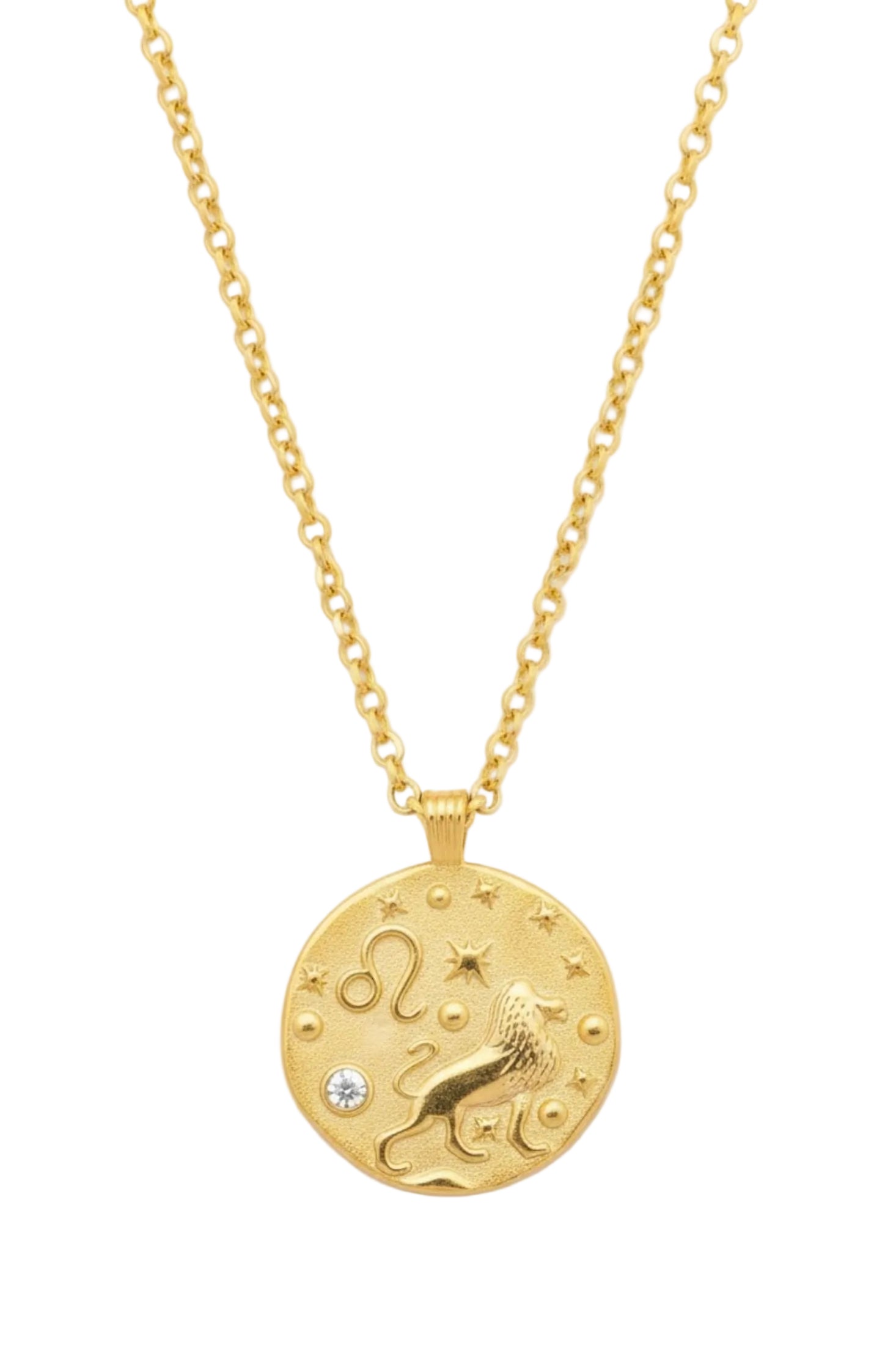 Gold necklace with a zodiac pendant on a white background