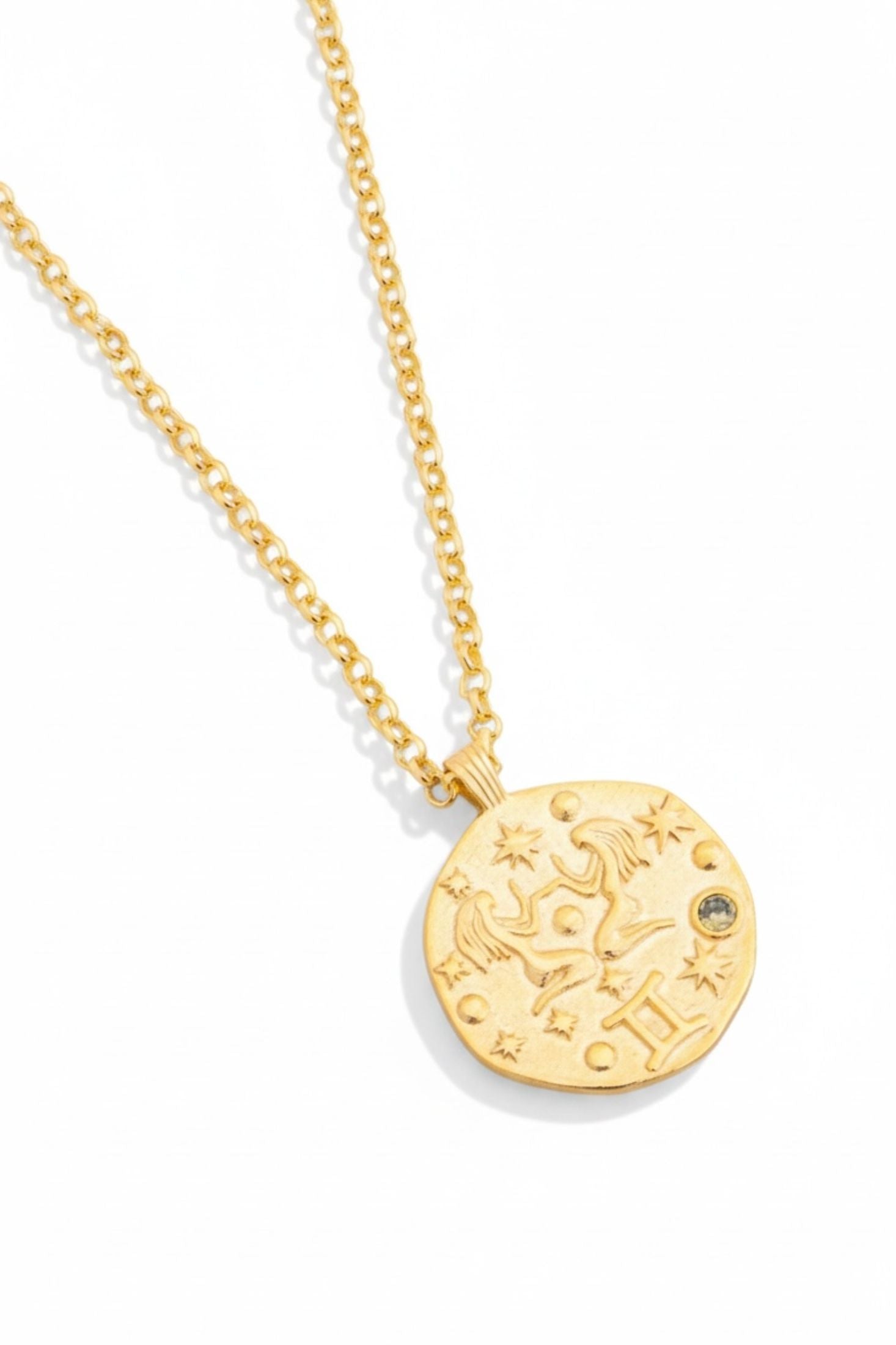 18k gold plated Gemini pendant necklace with its birthstone.