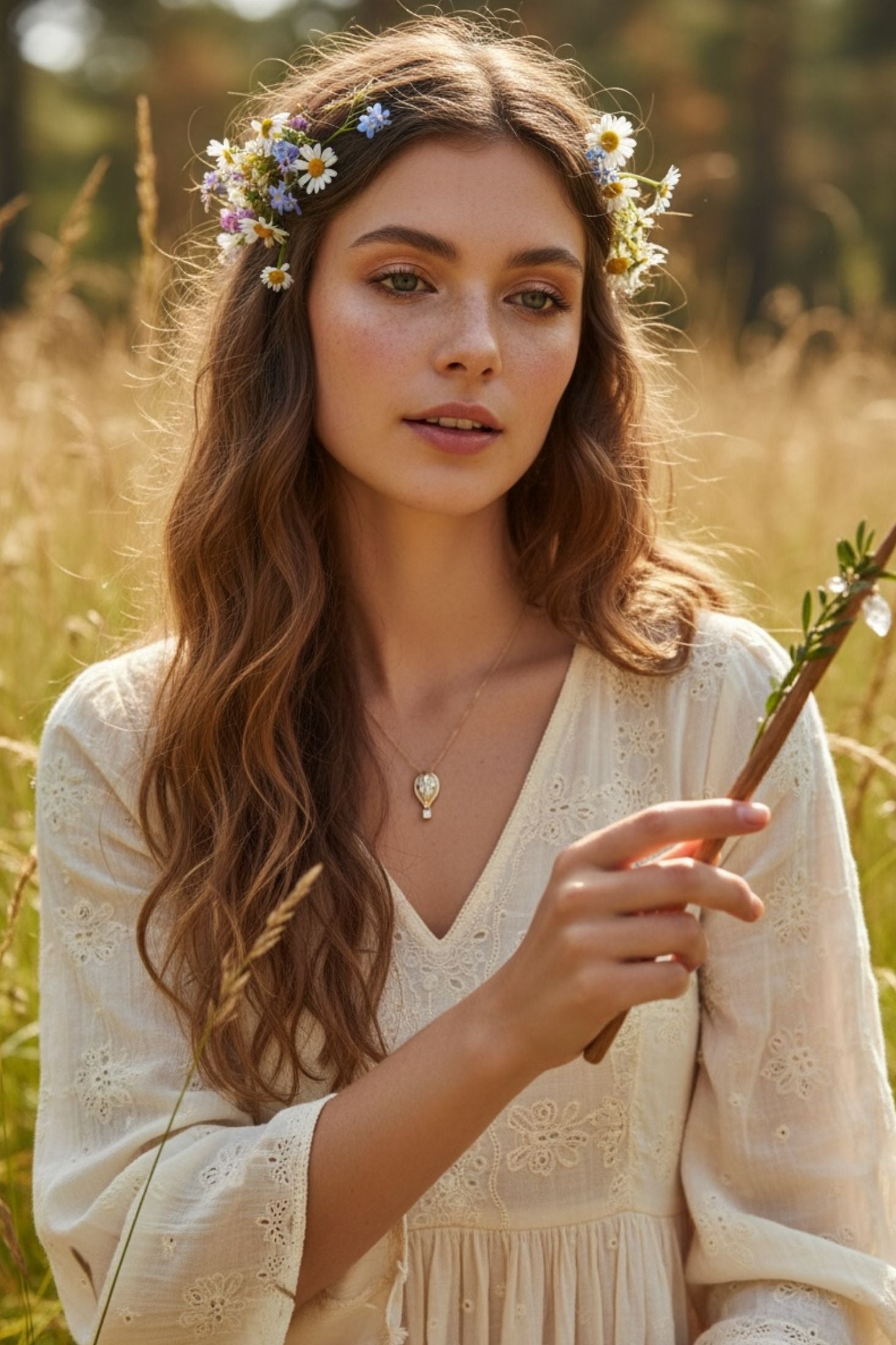 Woman in a white dress with a floral crown wearing a hot air balloon pendant necklace standing in a field